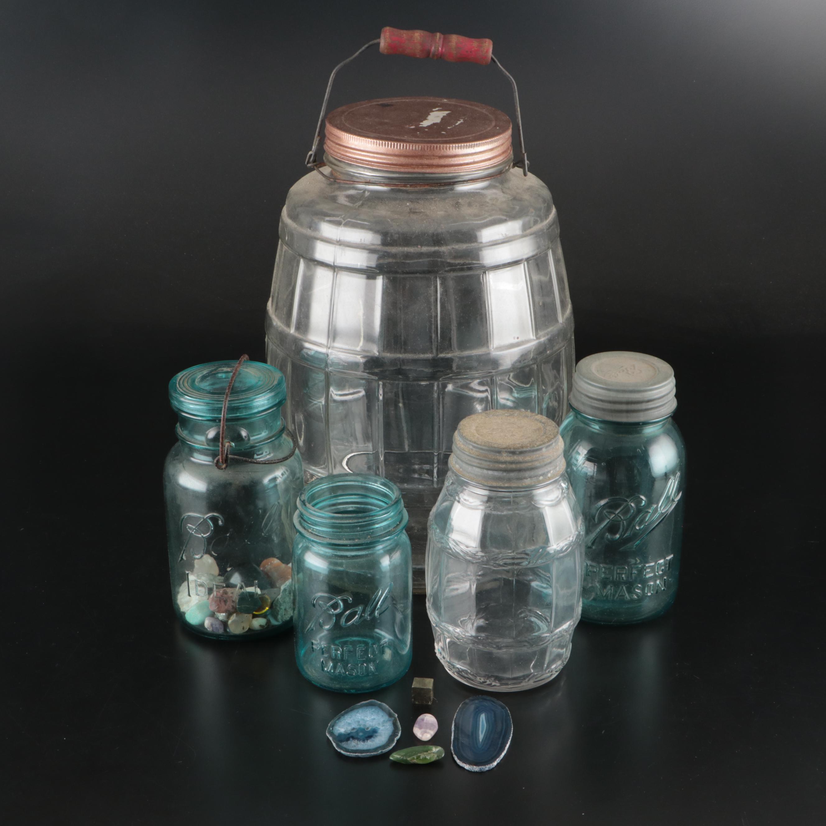Vintage Barrel Pickle Jars with Other Canning Jars and Stones