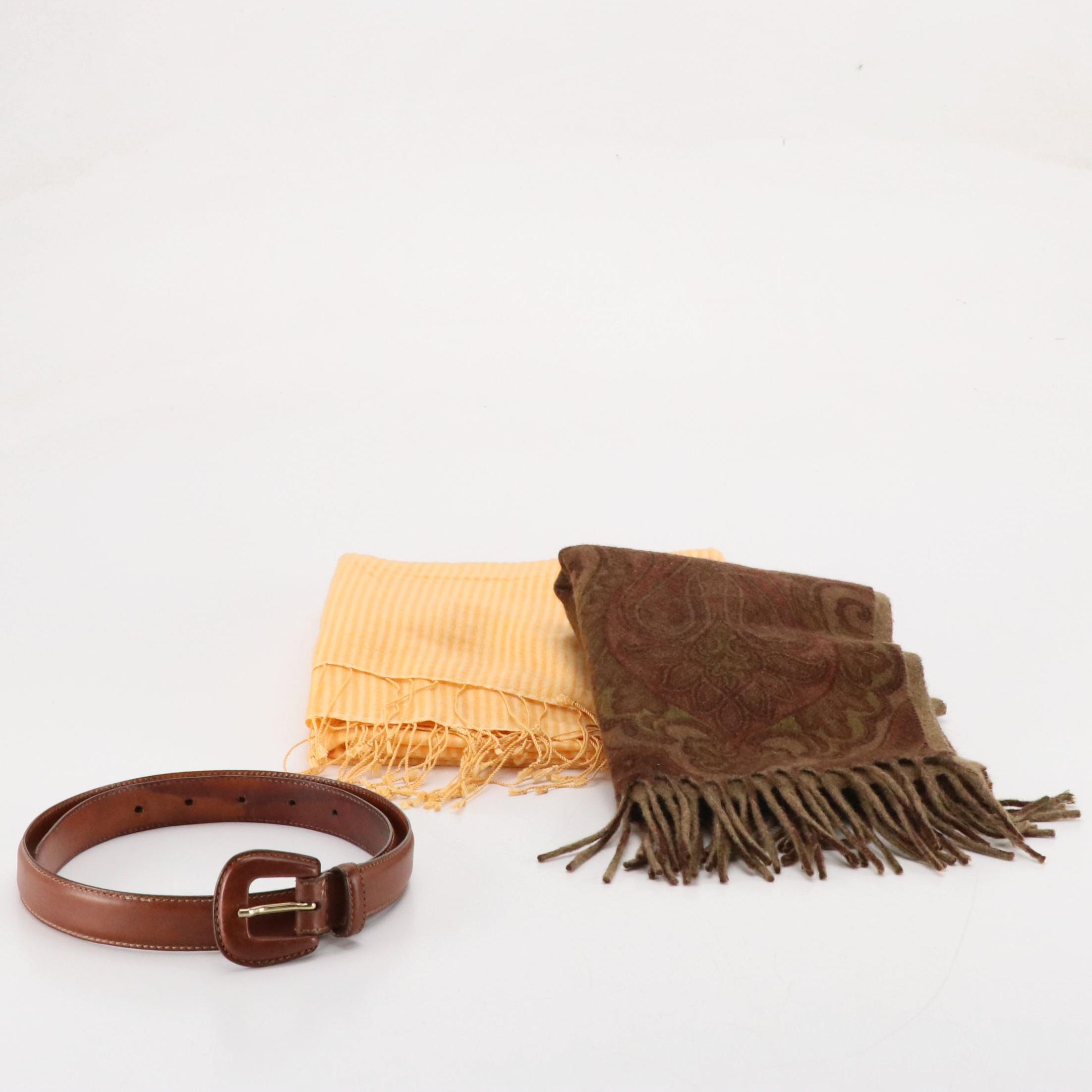 Bergdorf Goodman Brown Leather Belt with Striped and Paisley Printed Scarves