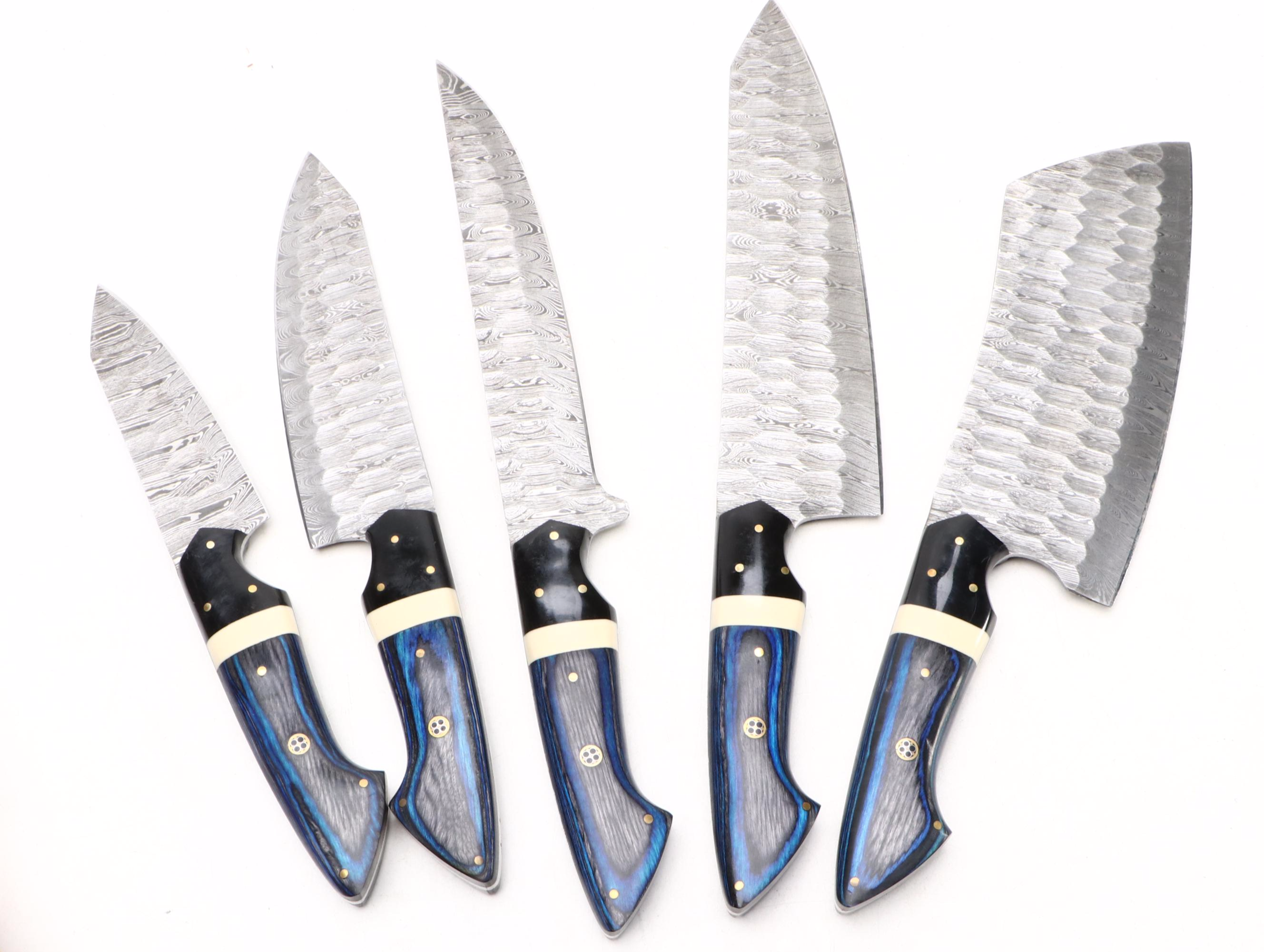 Blue-Stained Wood Handled Damascus Steel Knife Set with Suede Roll