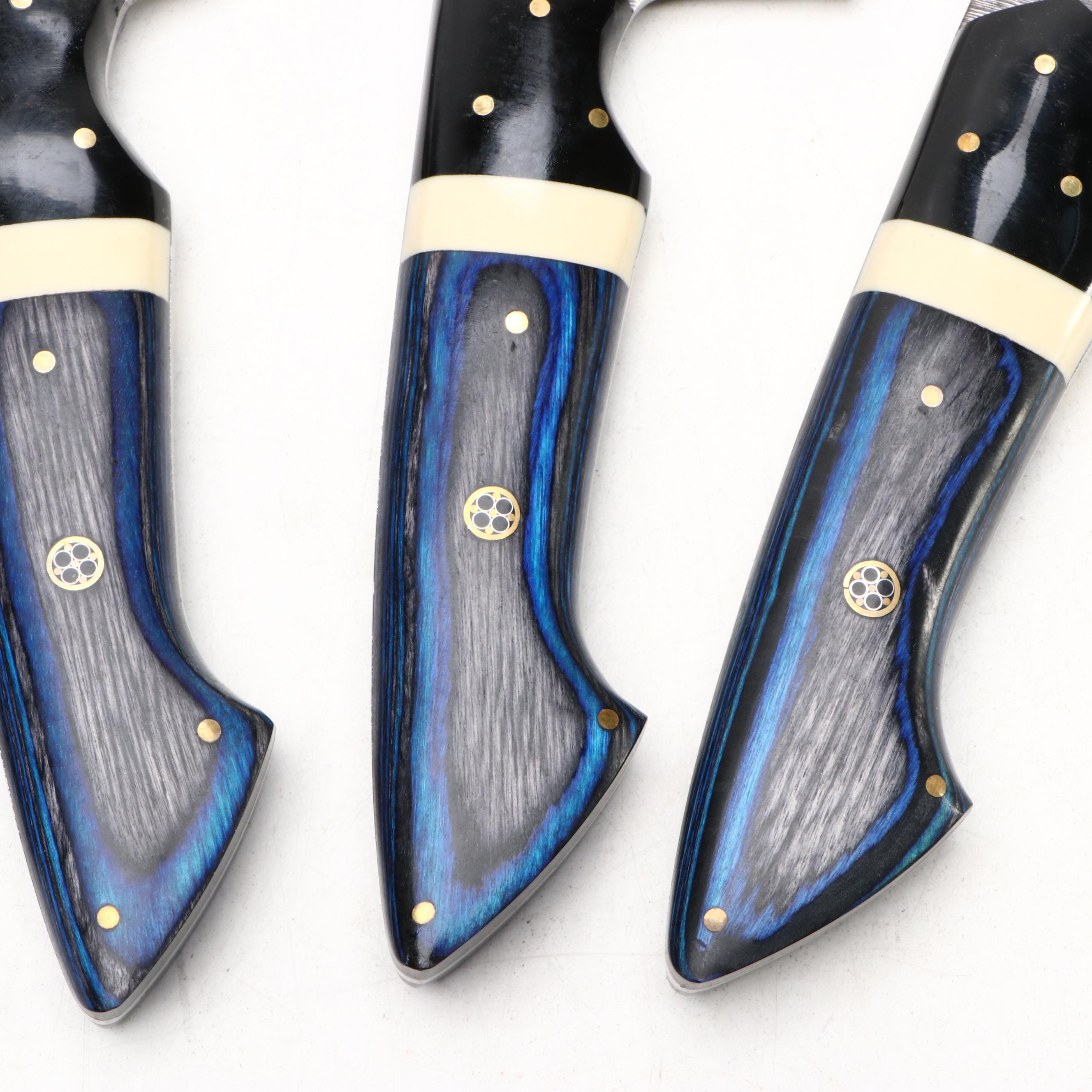 Blue-Stained Wood Handled Damascus Steel Knife Set with Suede Roll