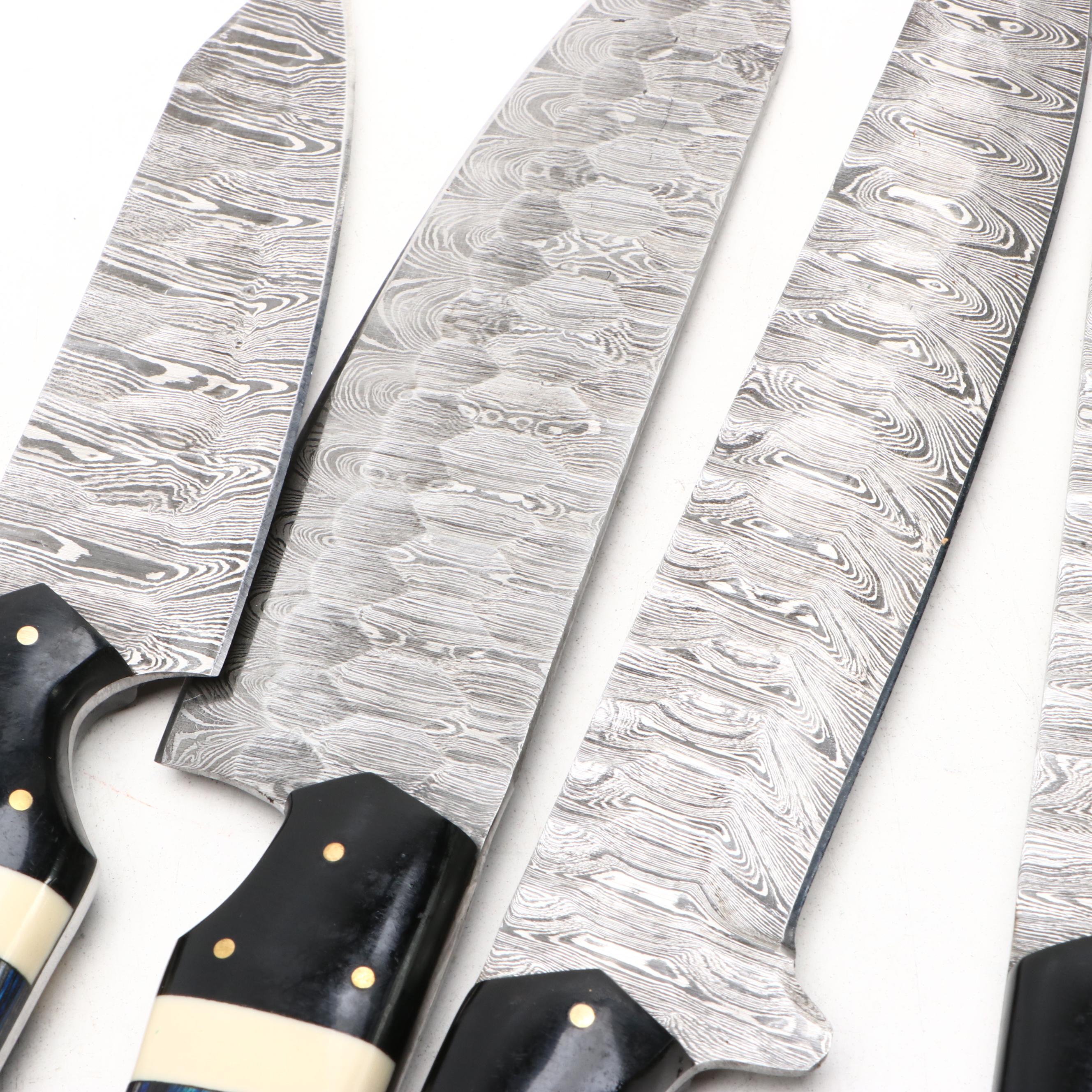 Blue-Stained Wood Handled Damascus Steel Knife Set with Suede Roll