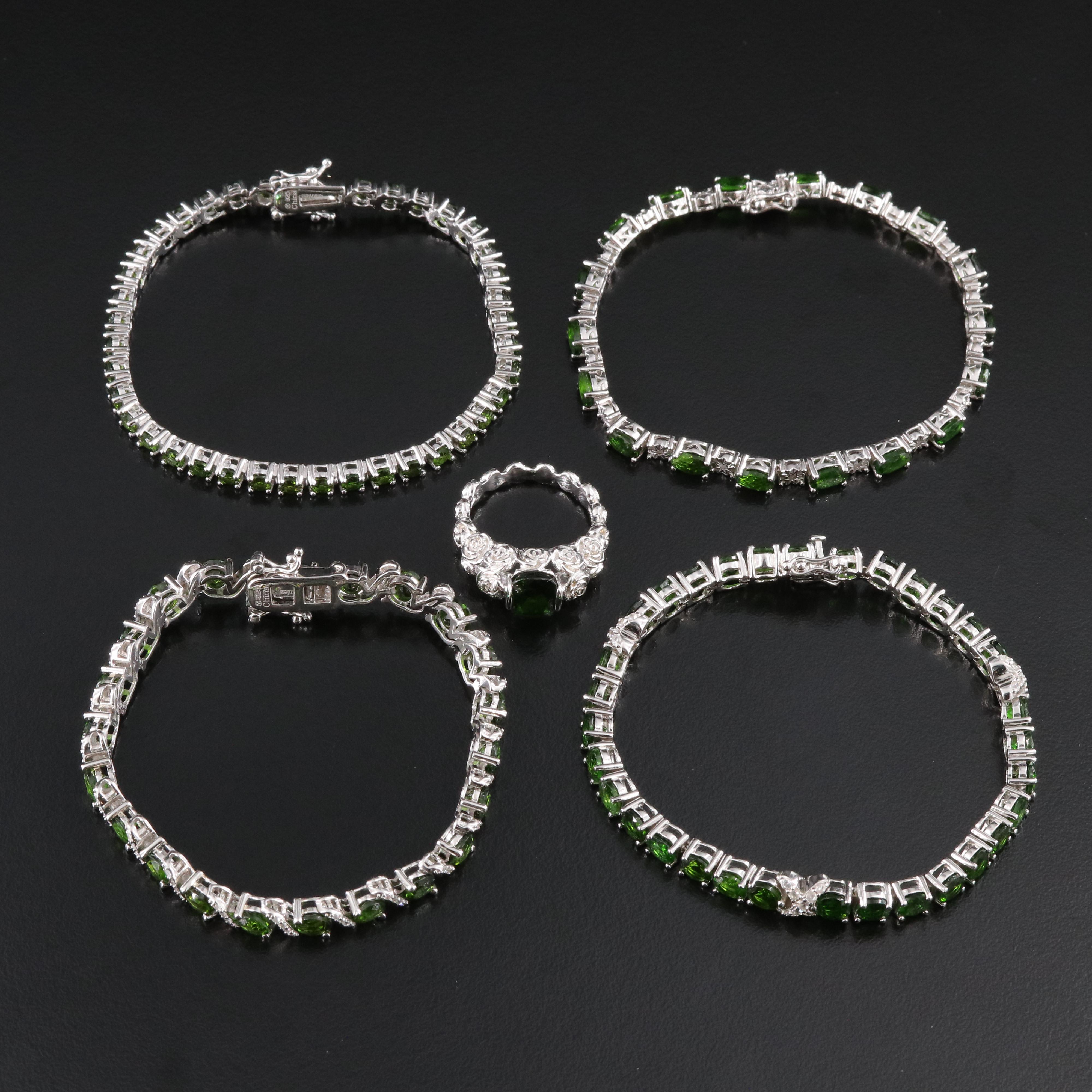 Sterling Diopside, Zircon and Diamond Ring and Bracelets