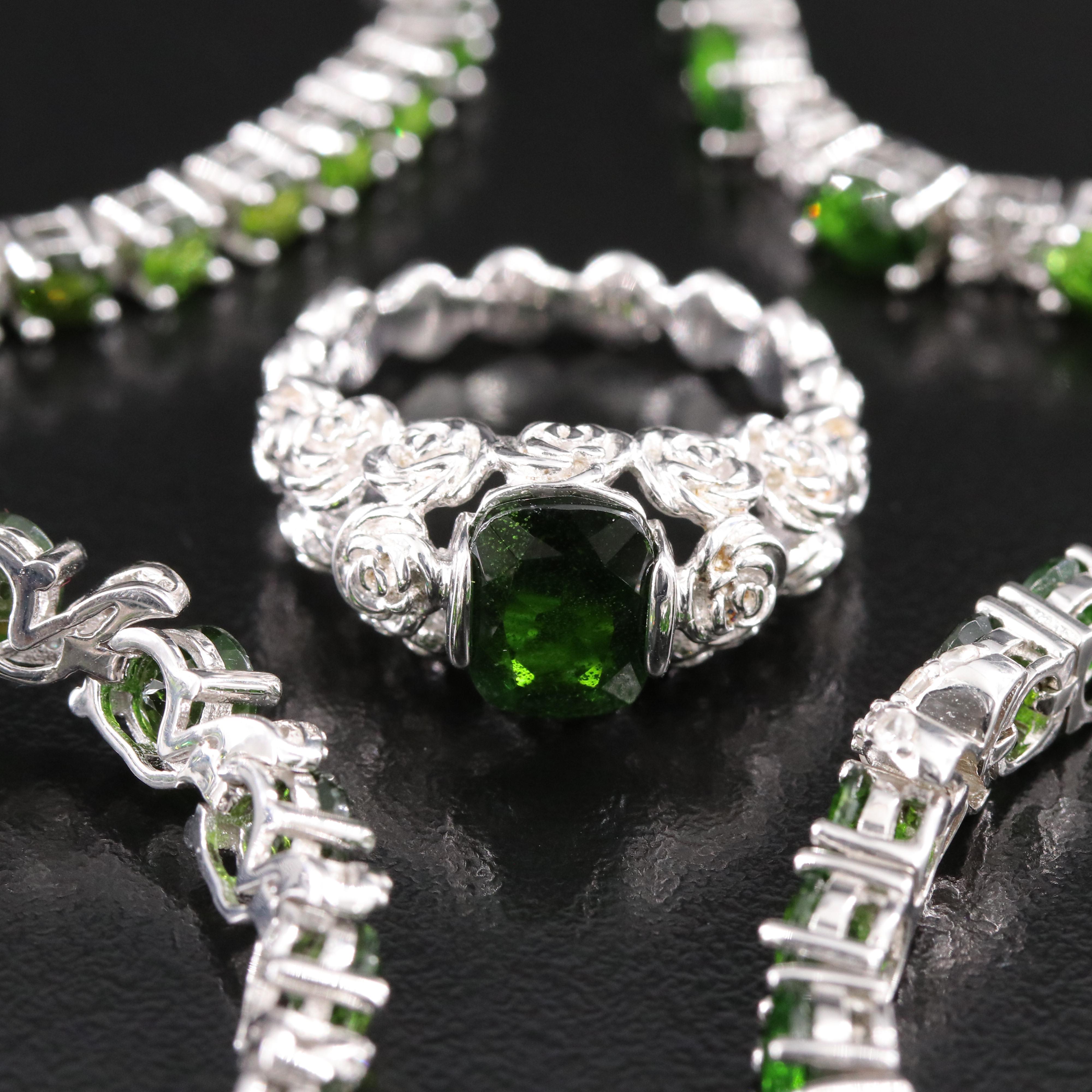 Sterling Diopside, Zircon and Diamond Ring and Bracelets