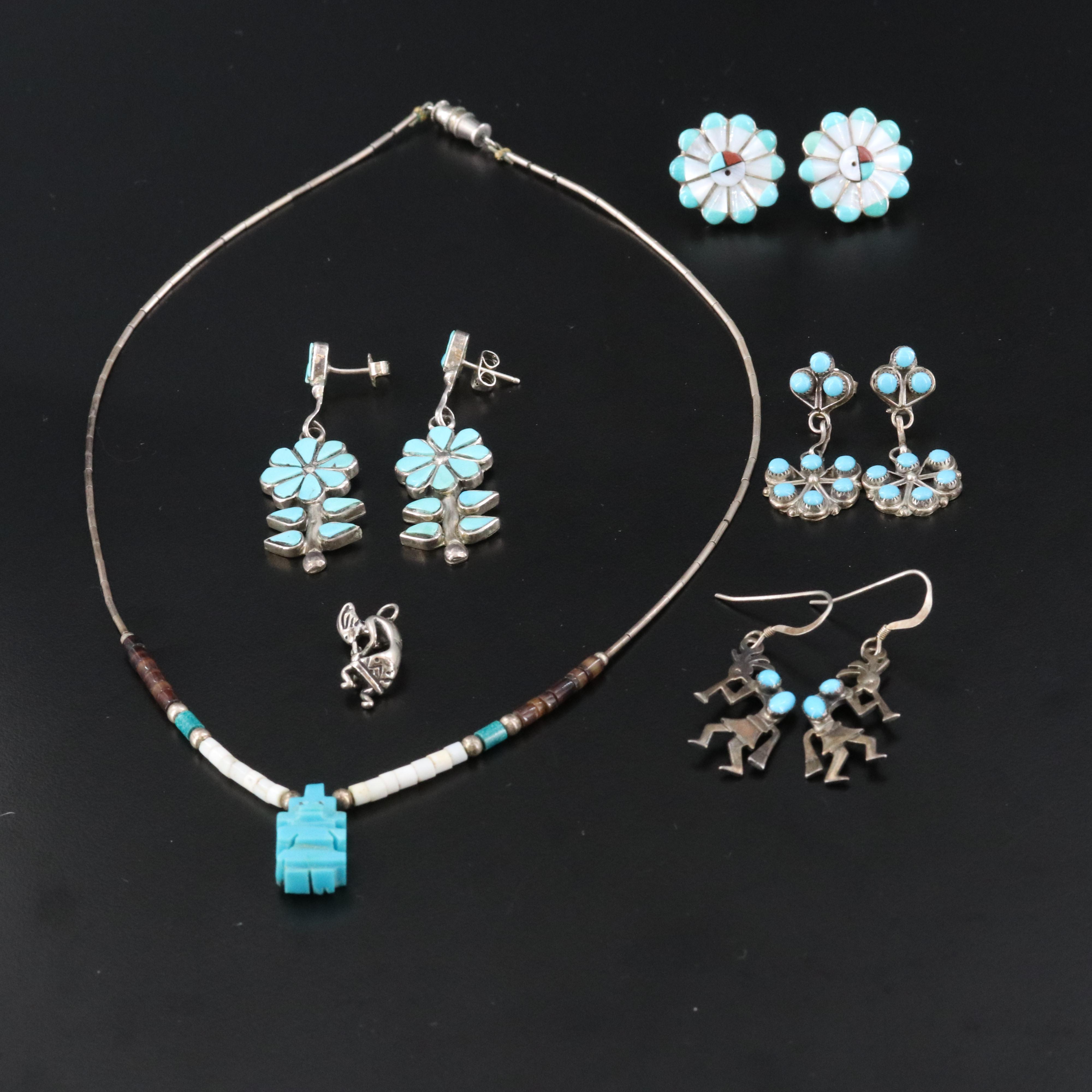 Sterling Artist-Signed Jewelry with Turquoise, Mother-of-Pearl and Bone