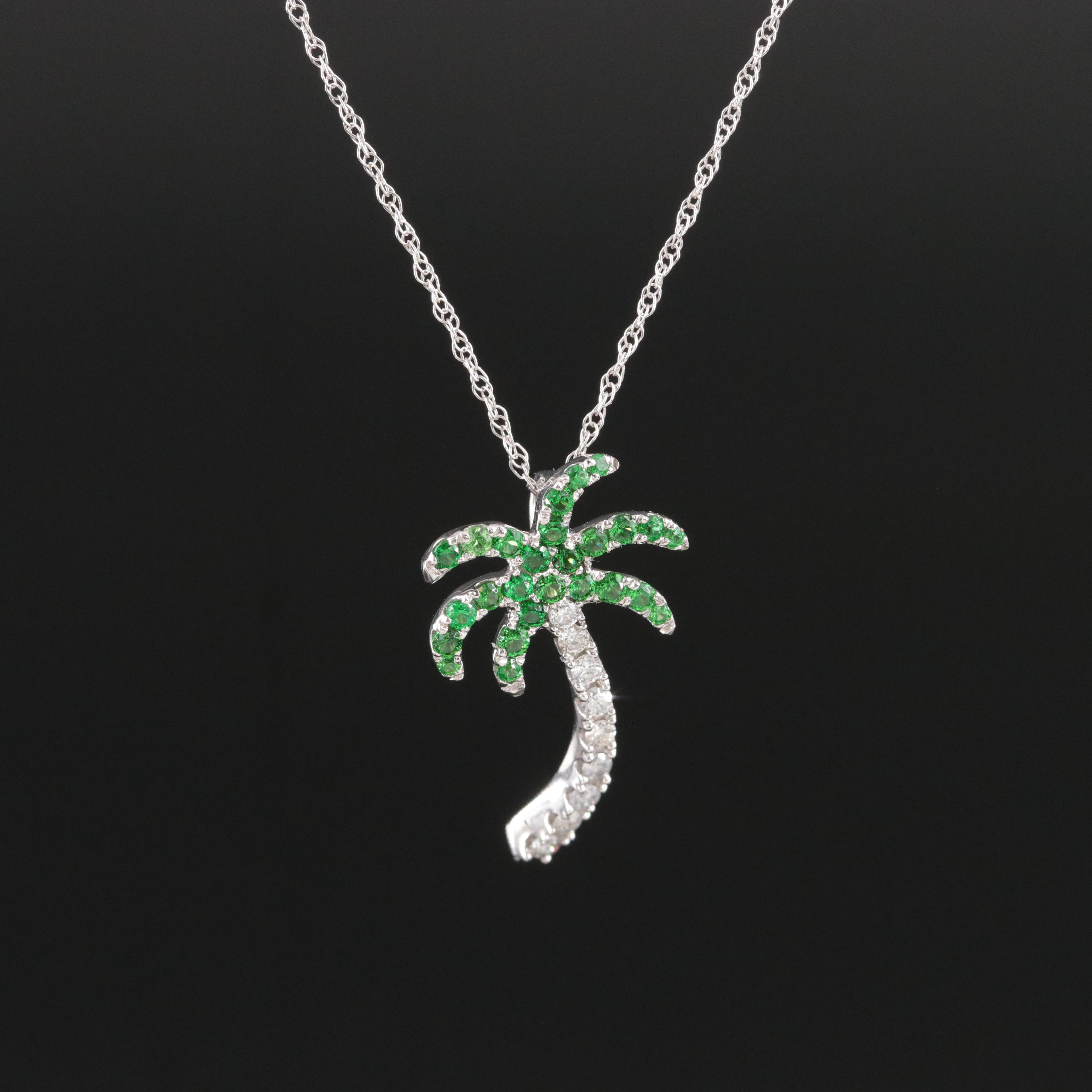 14K Tsavorite and Diamond Palm Tree Pendant Necklace