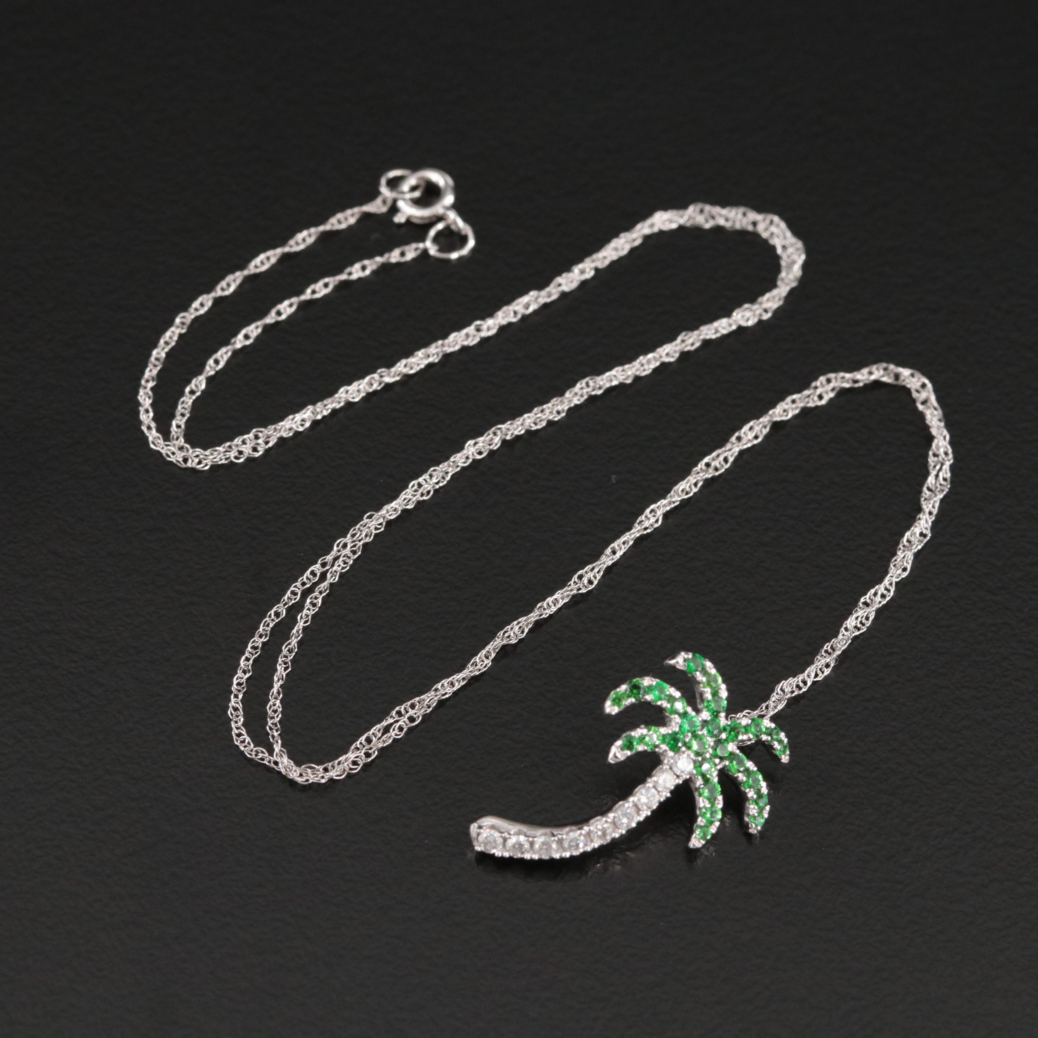 14K Tsavorite and Diamond Palm Tree Pendant Necklace