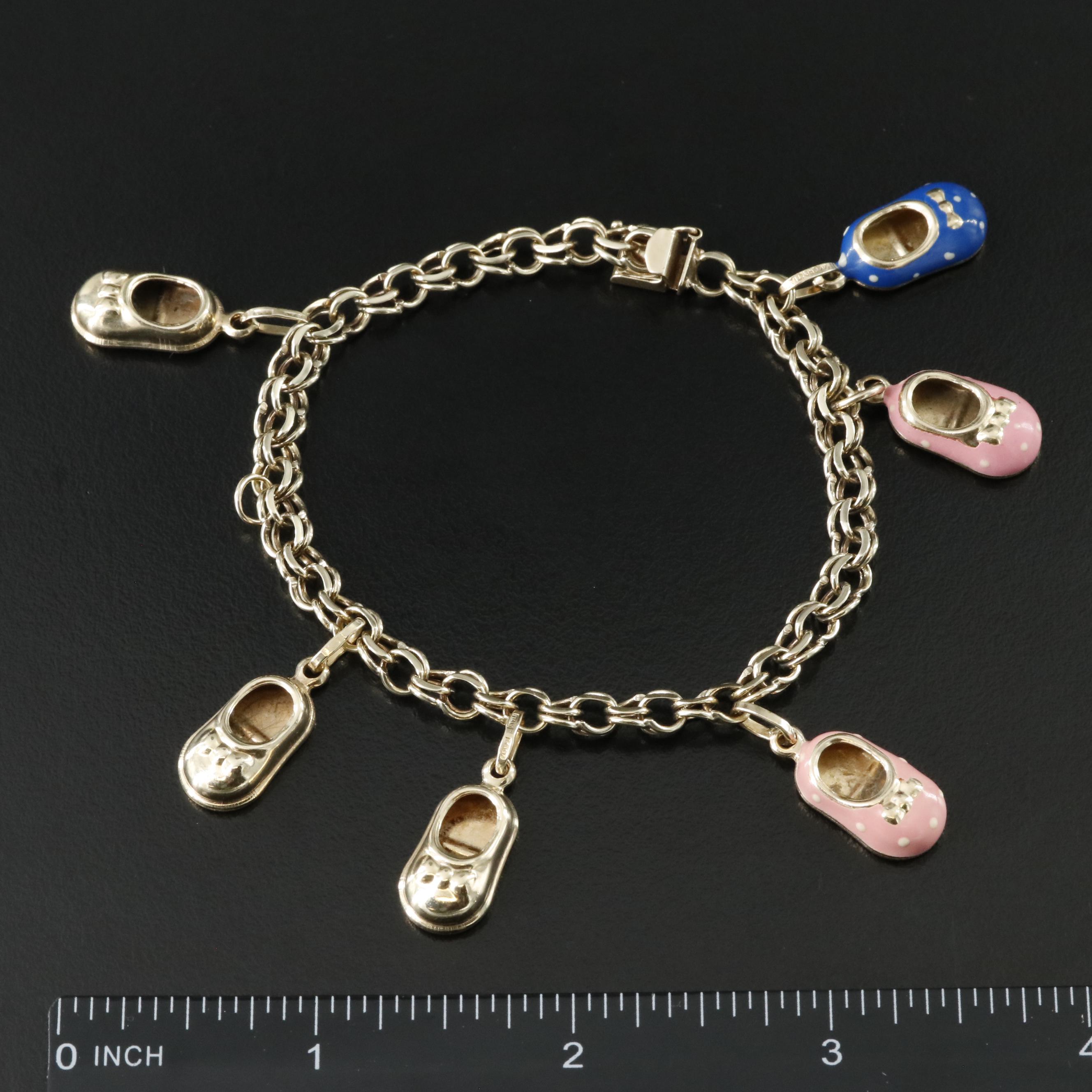 14K Baby Shoe Charm Bracelet with Enamel Accents