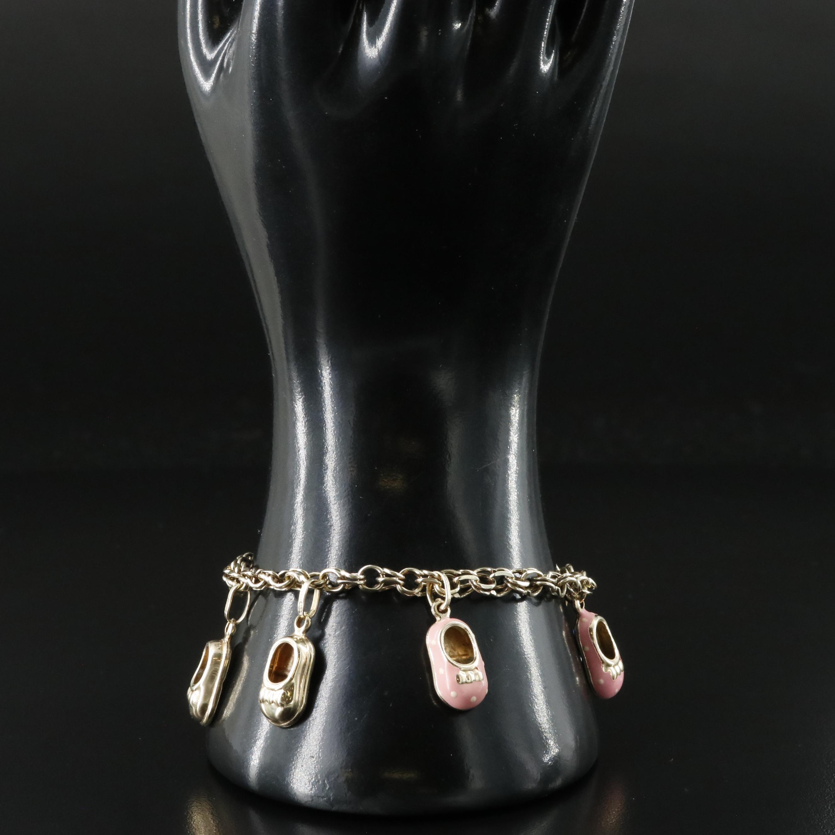 14K Baby Shoe Charm Bracelet with Enamel Accents