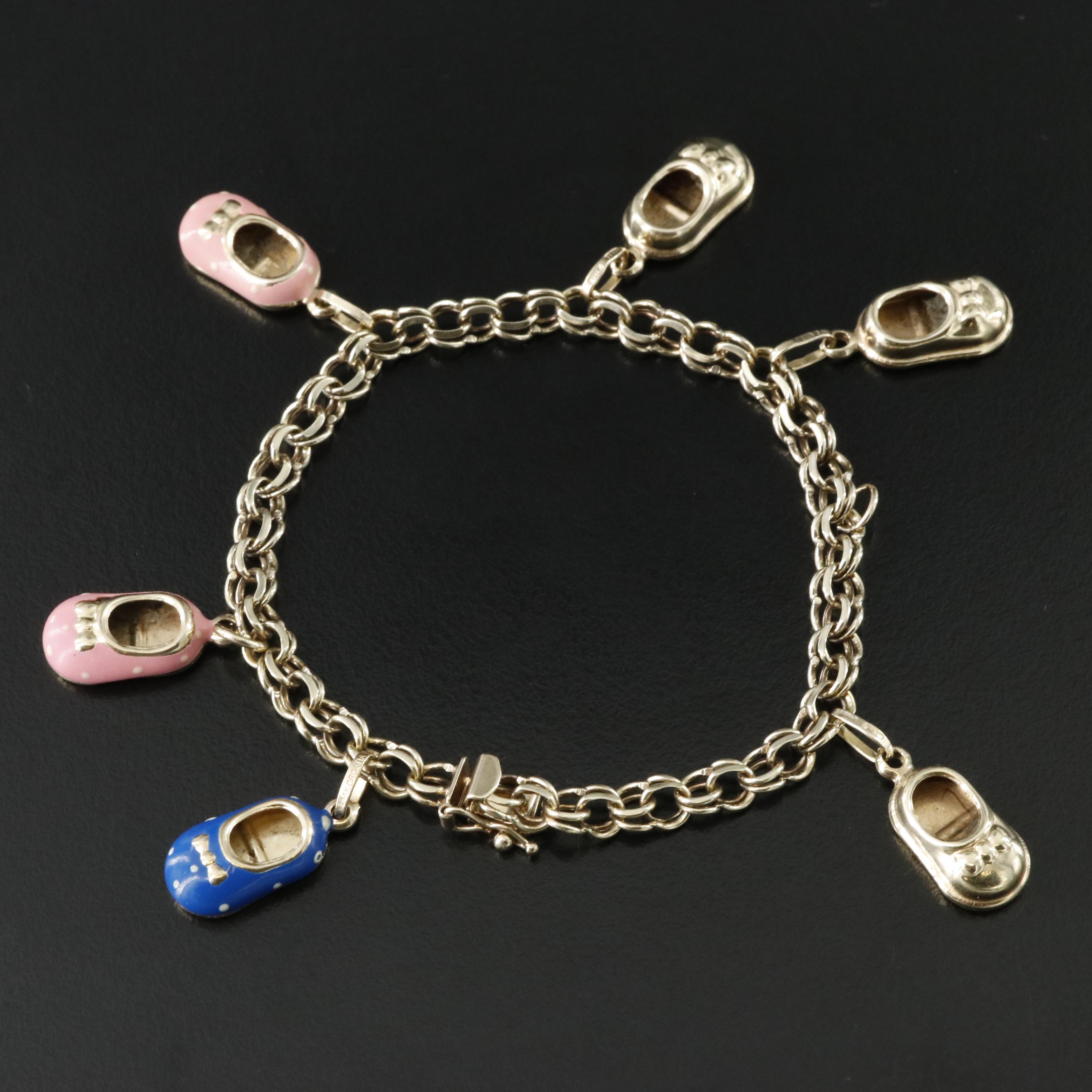 14K Baby Shoe Charm Bracelet with Enamel Accents