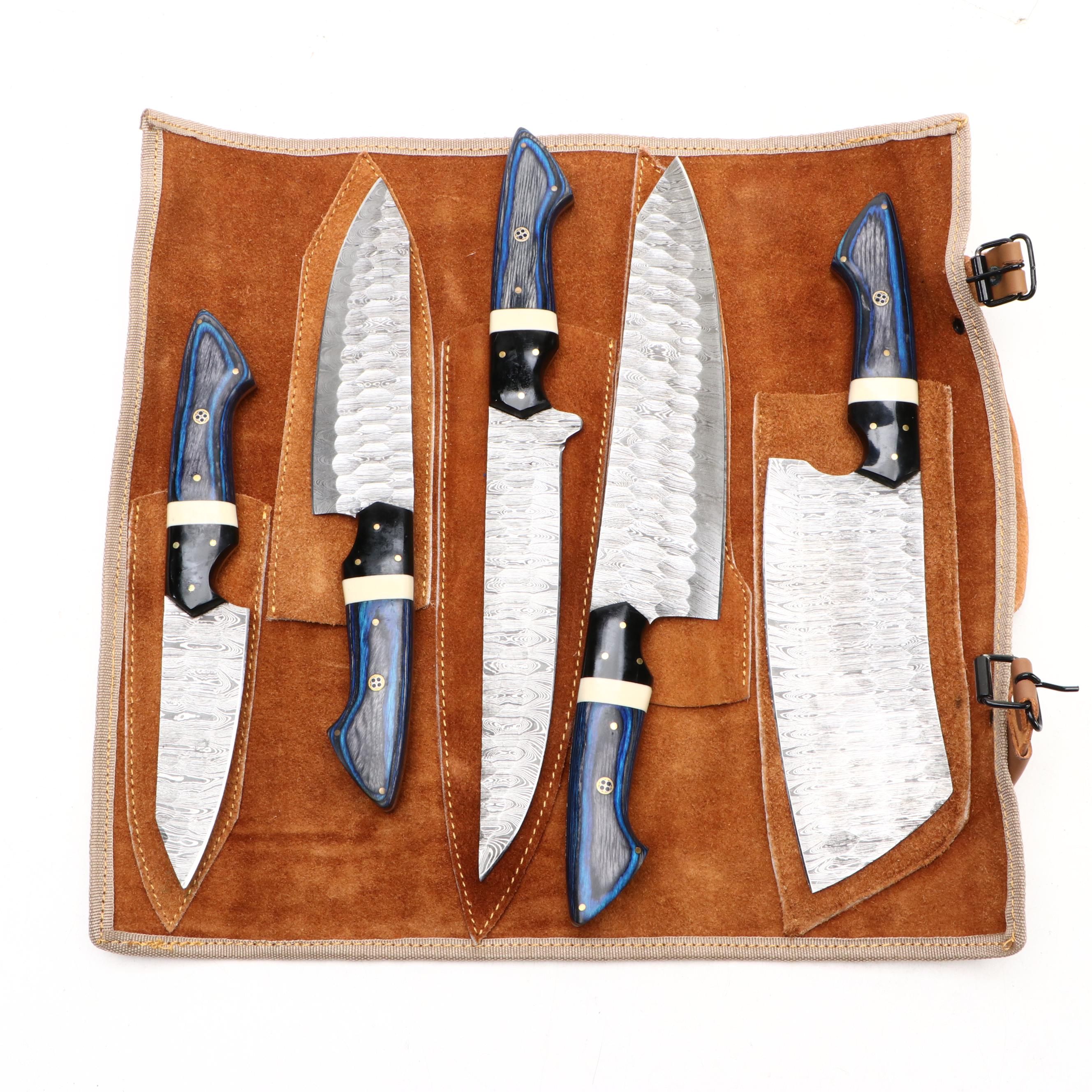 Blue-Stained Wood Handled Damascus Steel Knife Set with Suede Roll