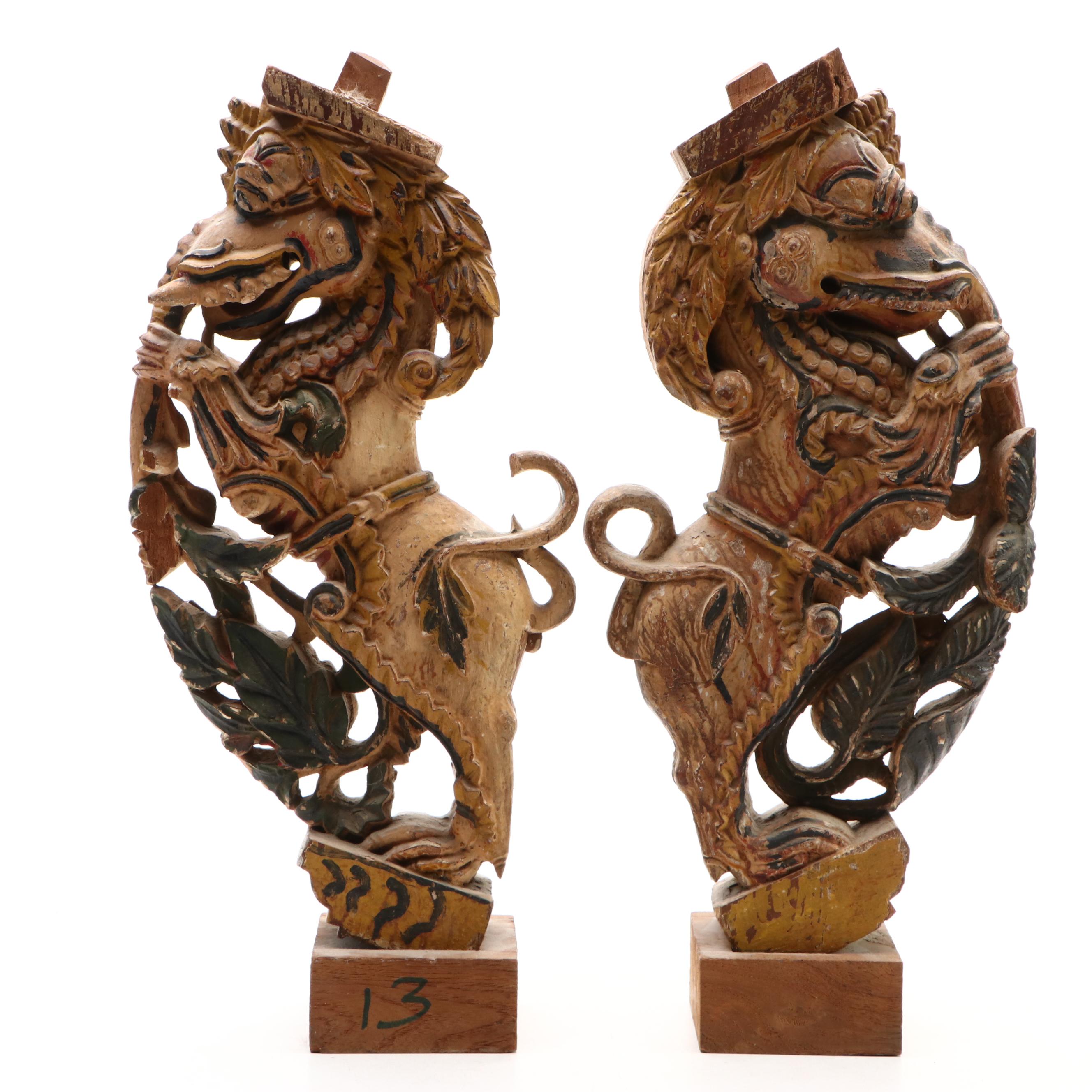 Pair of Indian Polychrome Decorated Wood Yali Figural Brackets