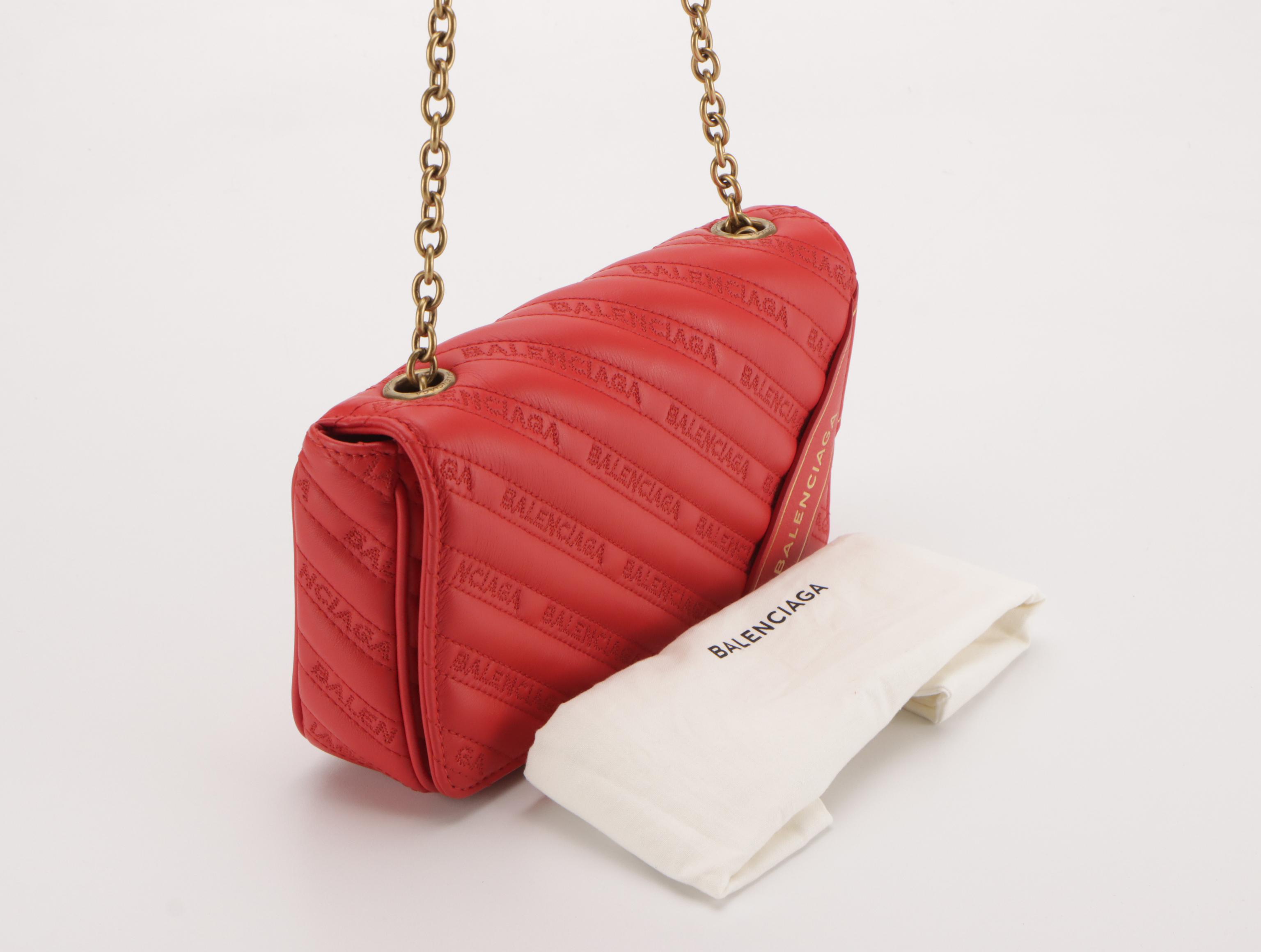 Balenciaga Blanket Reporter Shoulder Bag in Red Embroidered Calfskin Leather