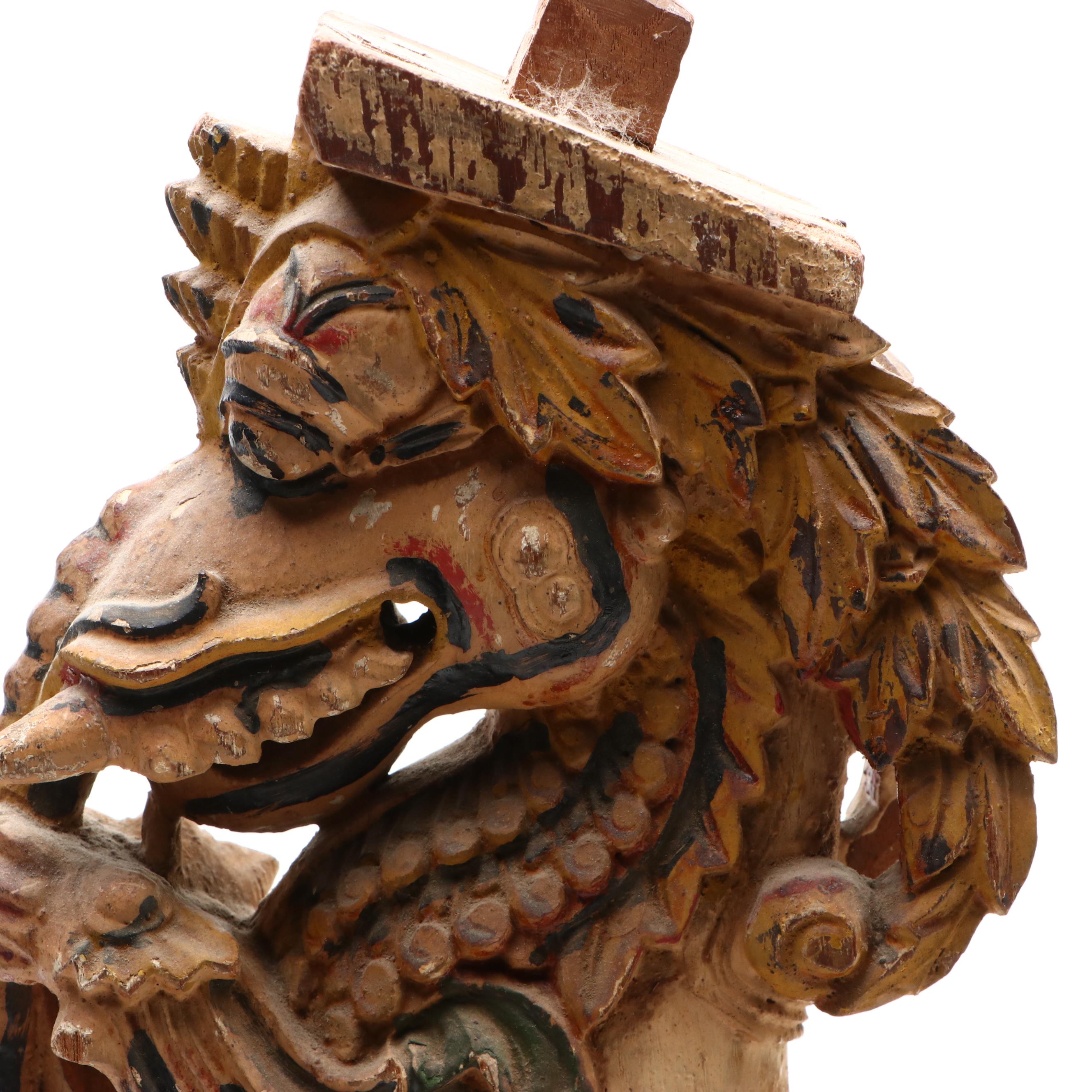 Pair of Indian Polychrome Decorated Wood Yali Figural Brackets