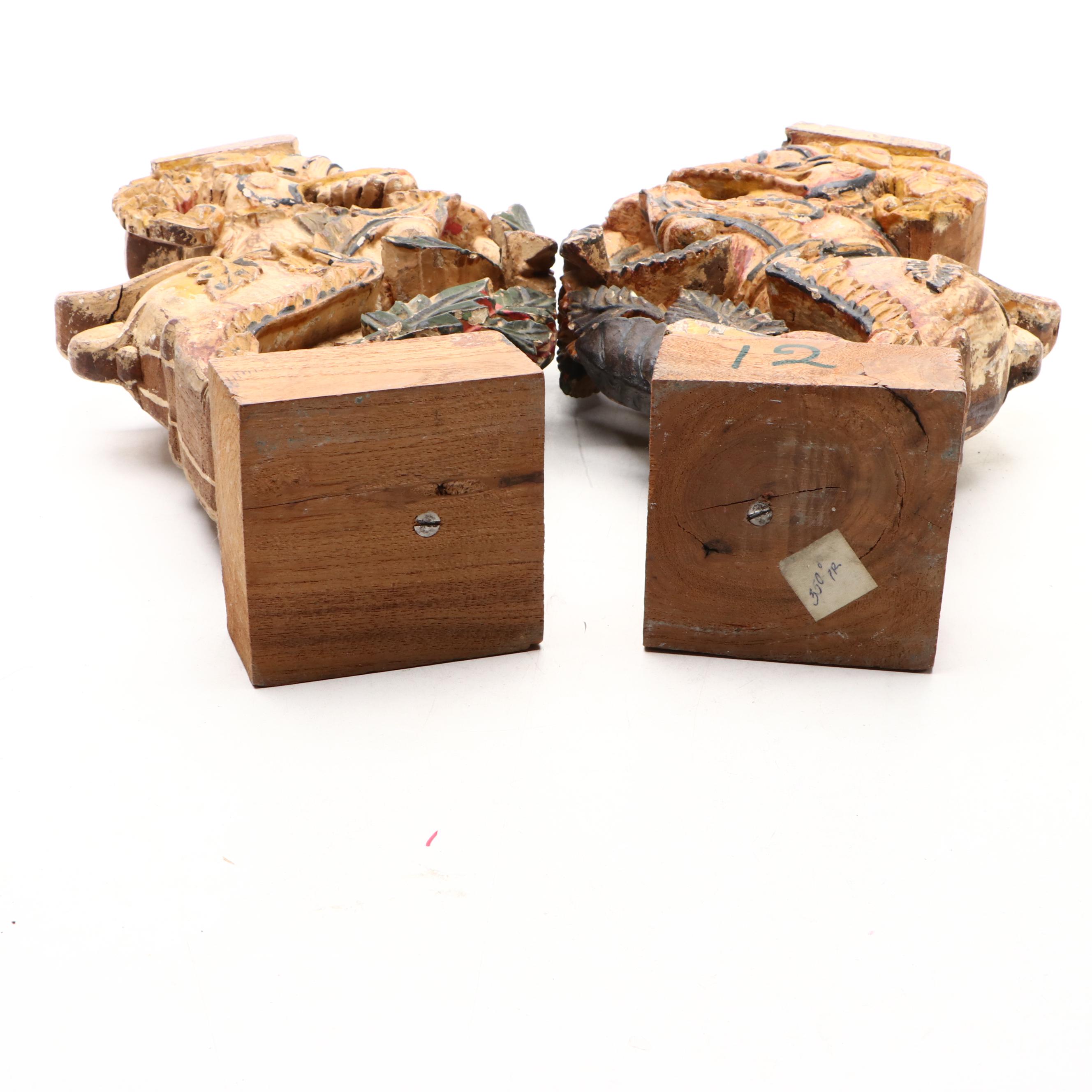 Pair of Indian Polychrome Decorated Wood Yali Figural Brackets