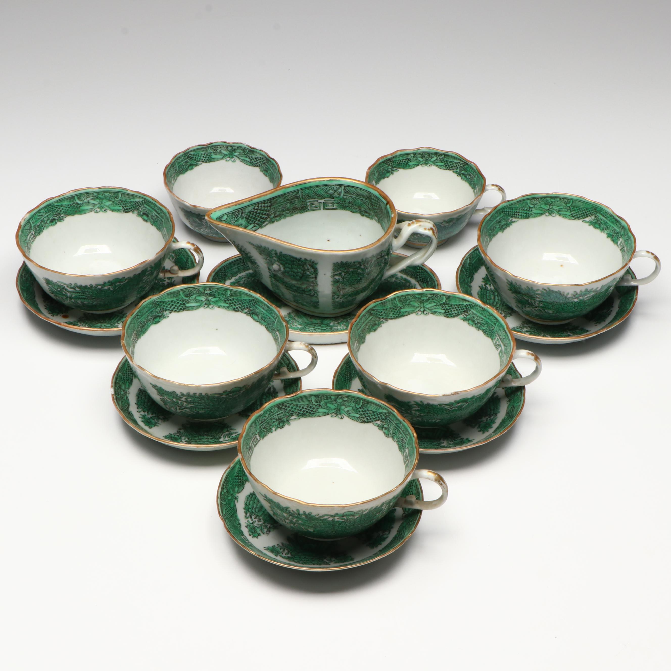 Antique Chinese Export Fitzhugh Green Cream Pitcher with Cups and Saucers