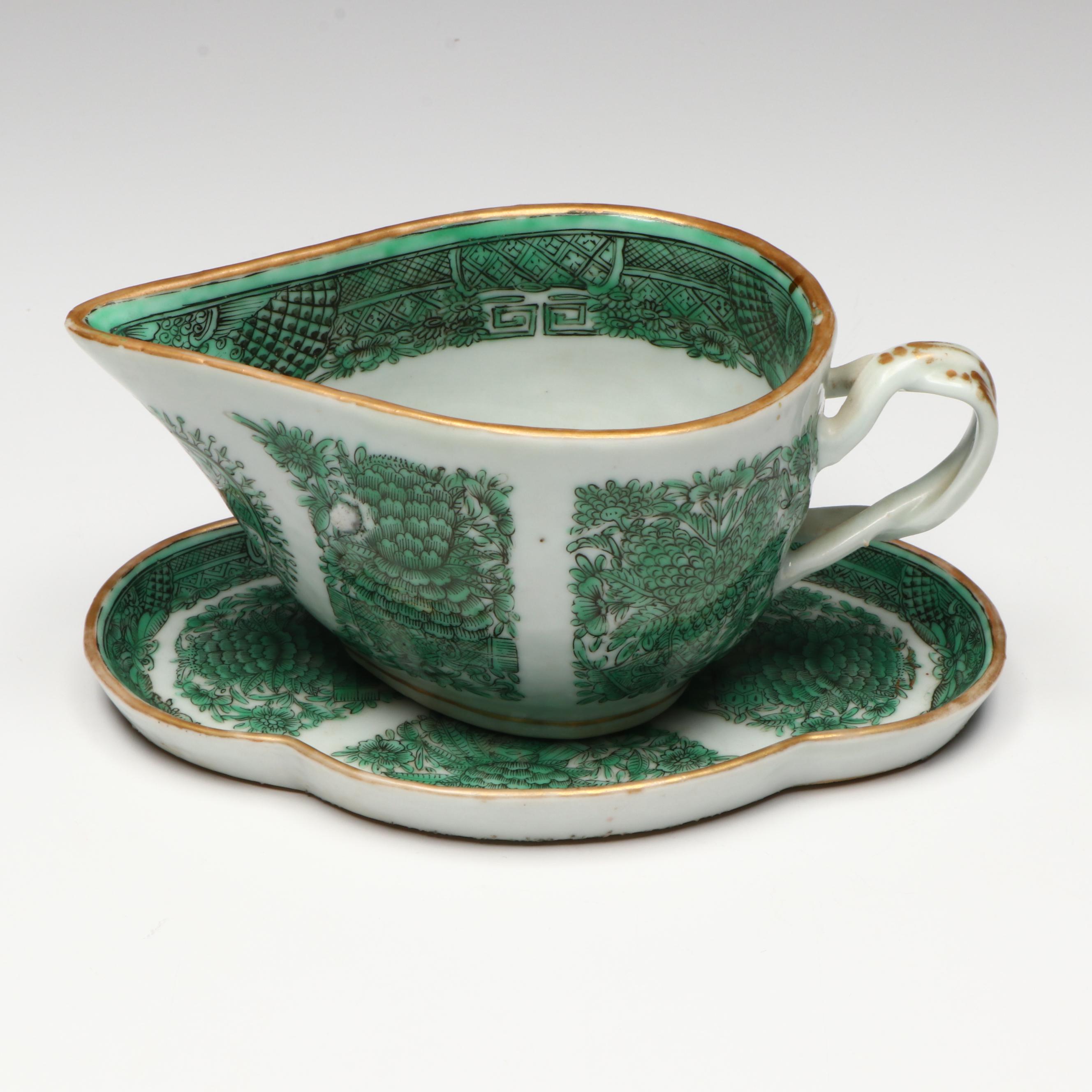 Antique Chinese Export Fitzhugh Green Cream Pitcher with Cups and Saucers