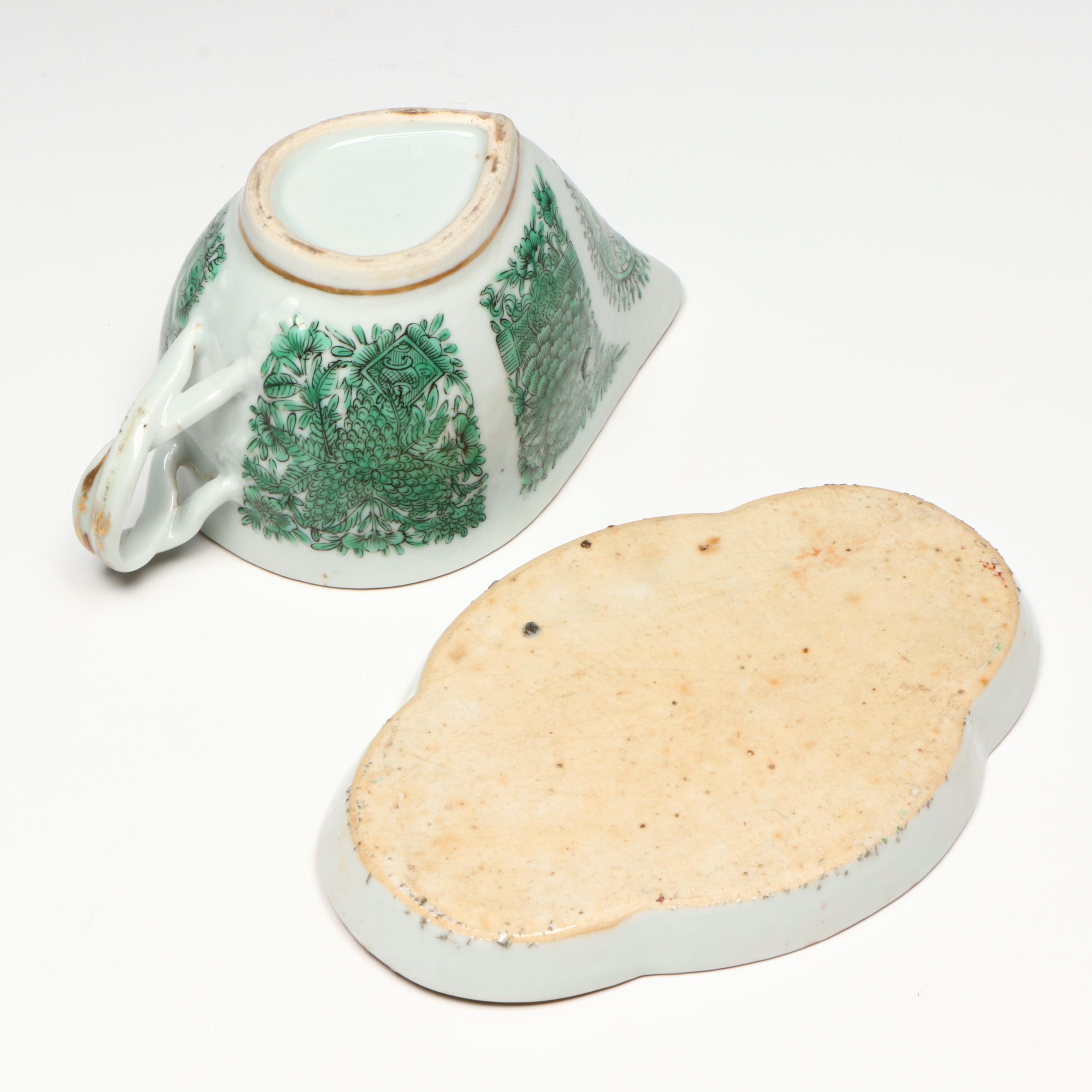 Antique Chinese Export Fitzhugh Green Cream Pitcher with Cups and Saucers