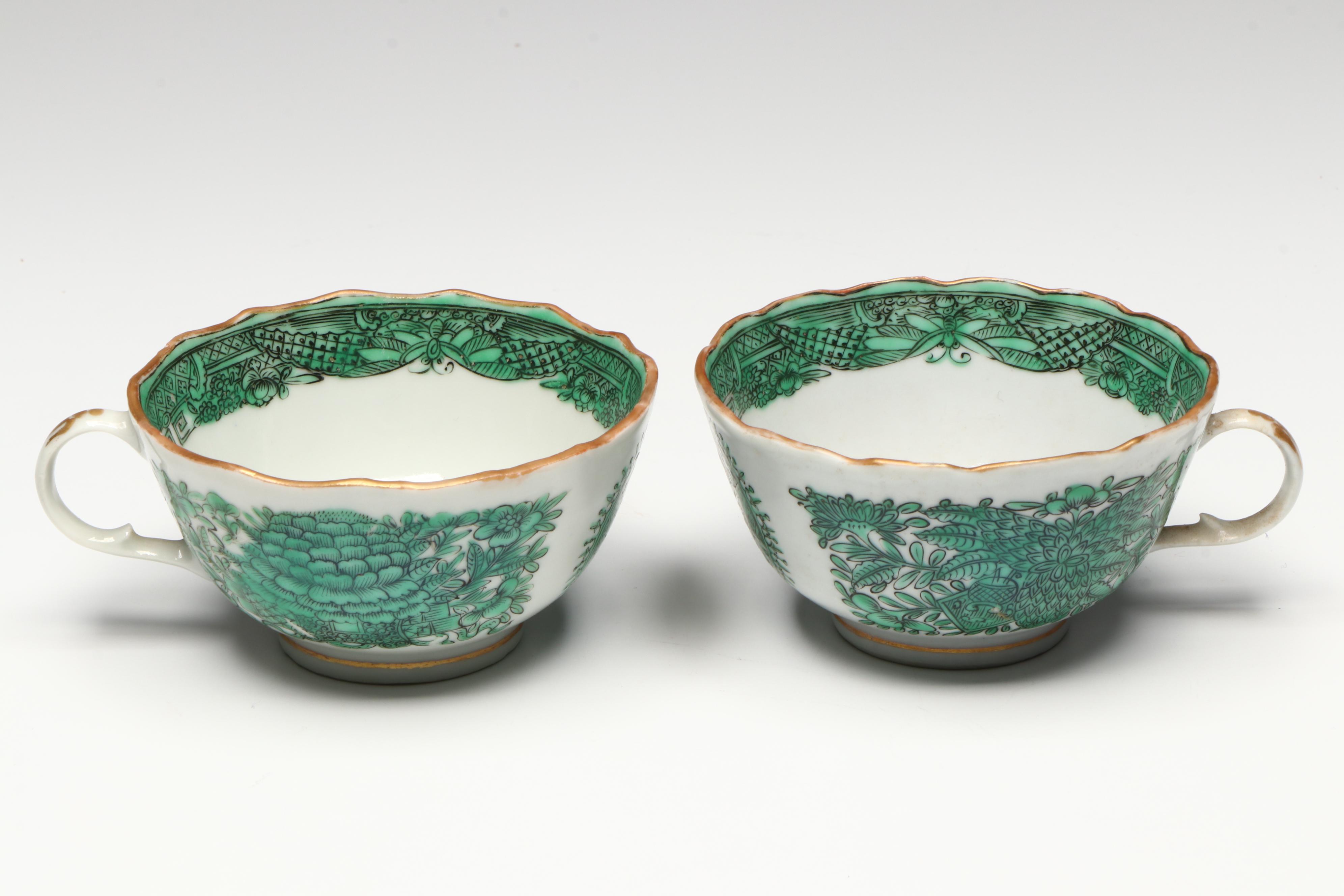 Antique Chinese Export Fitzhugh Green Cream Pitcher with Cups and Saucers