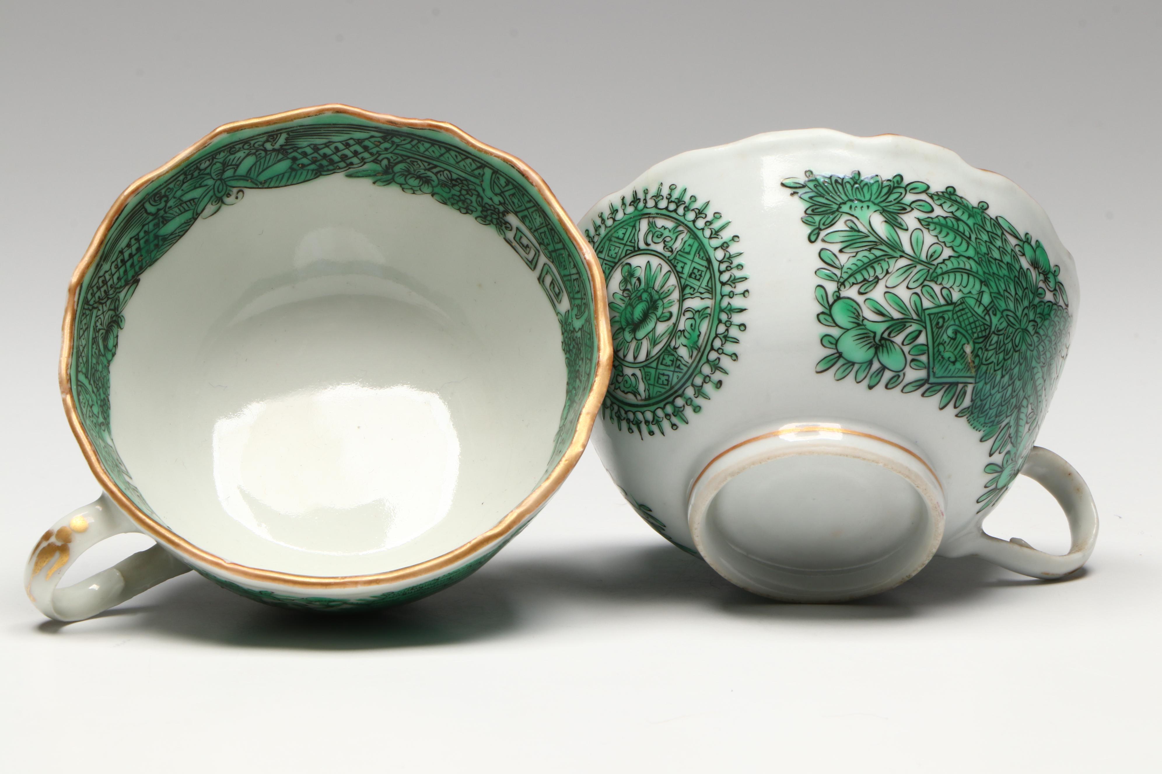 Antique Chinese Export Fitzhugh Green Cream Pitcher with Cups and Saucers