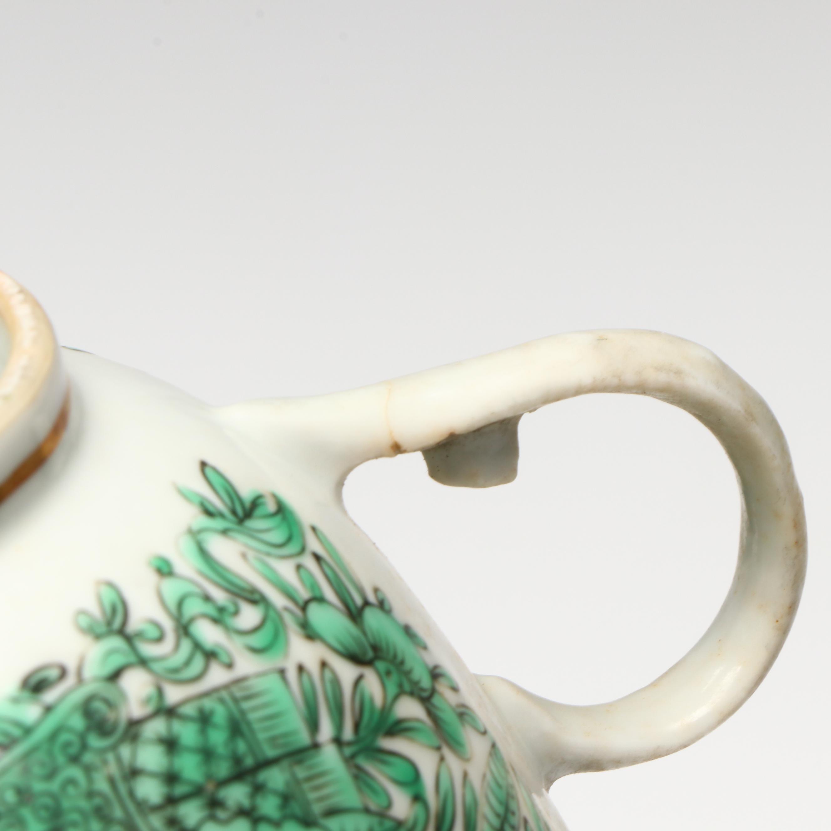 Antique Chinese Export Fitzhugh Green Cream Pitcher with Cups and Saucers