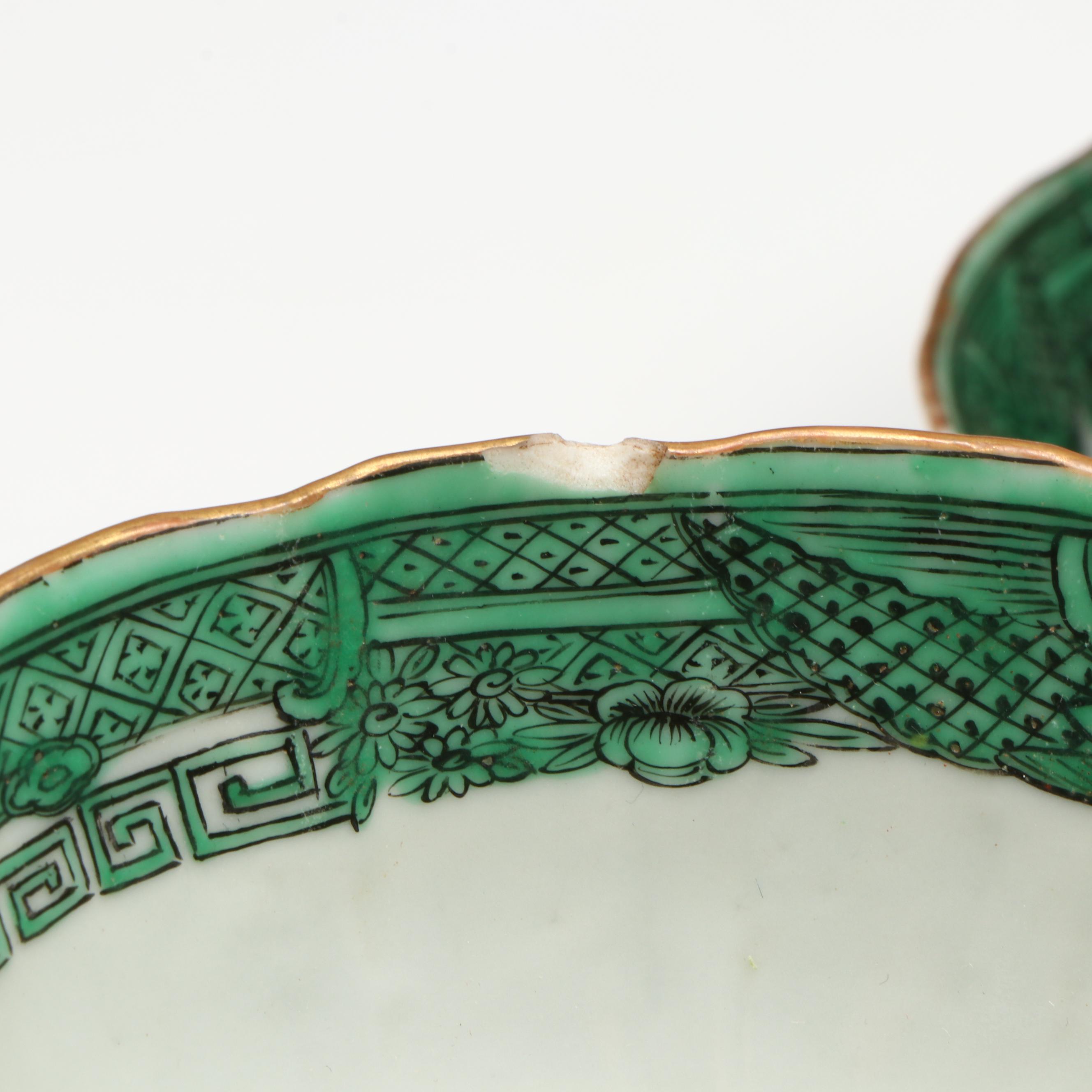 Antique Chinese Export Fitzhugh Green Cream Pitcher with Cups and Saucers