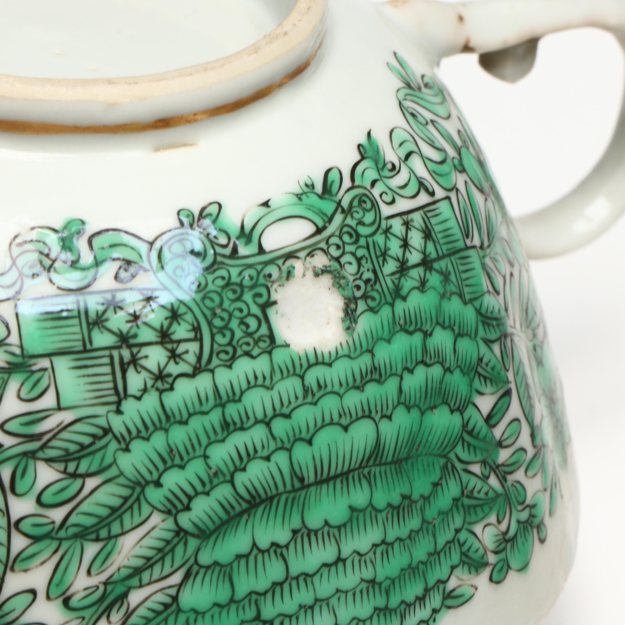 Antique Chinese Export Fitzhugh Green Cream Pitcher with Cups and Saucers