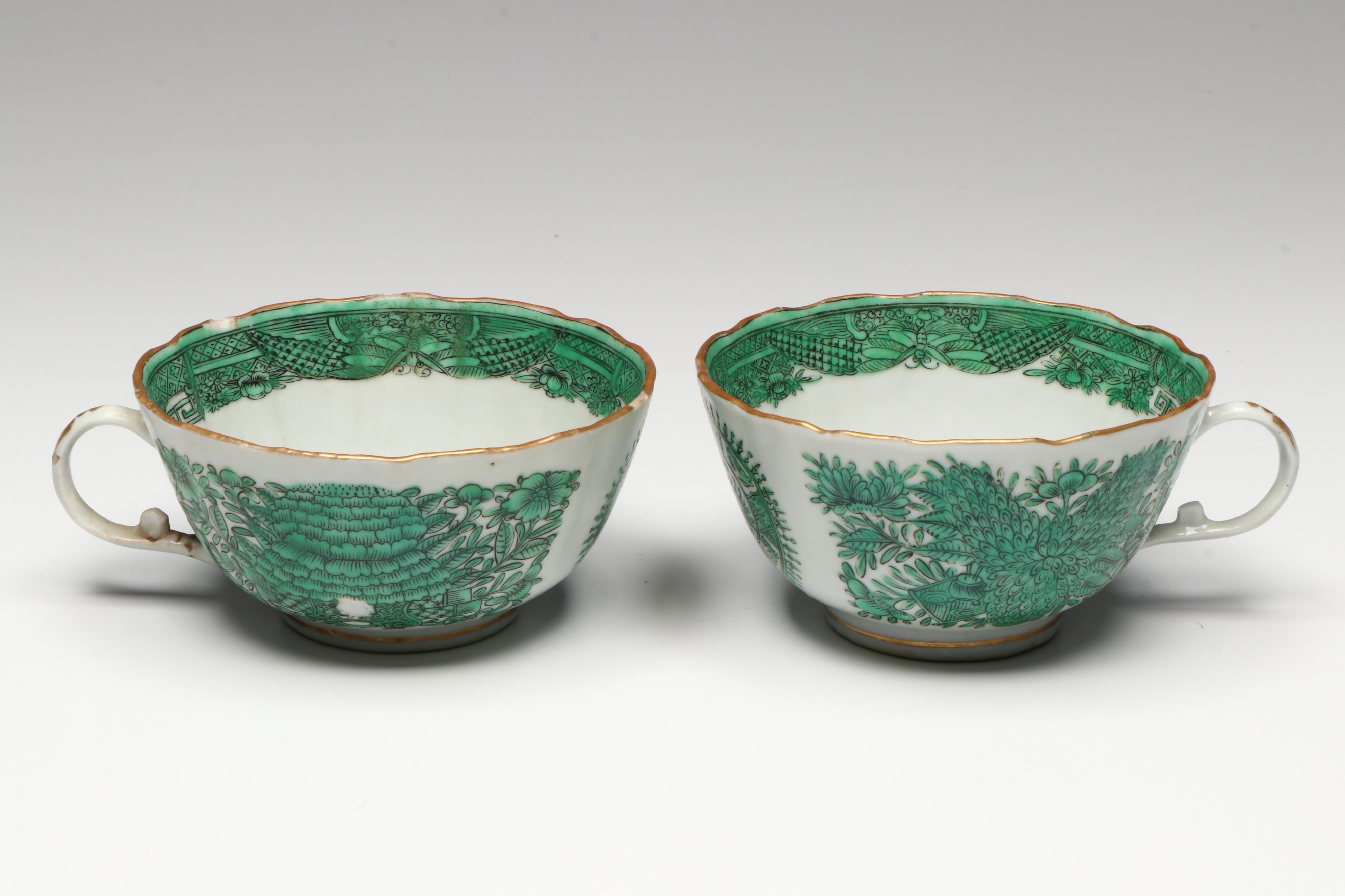 Antique Chinese Export Fitzhugh Green Cream Pitcher with Cups and Saucers