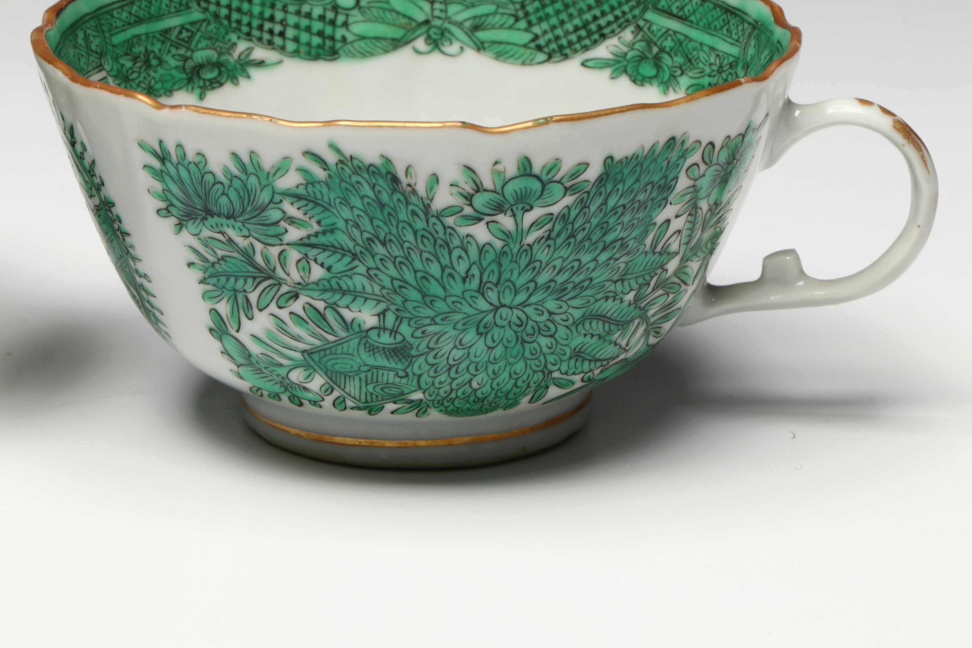 Antique Chinese Export Fitzhugh Green Cream Pitcher with Cups and Saucers