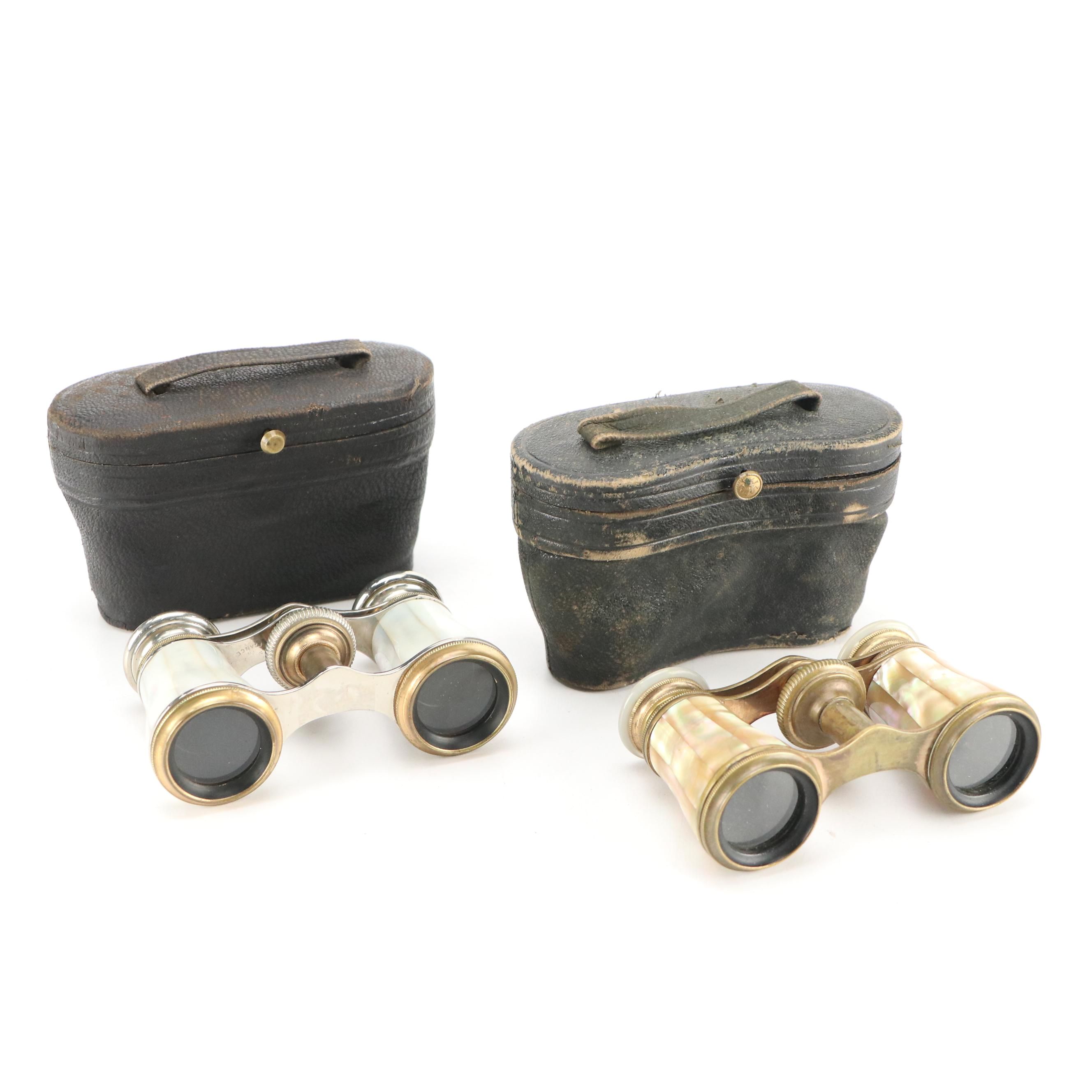Chevalier French Mother-of-Pearl and Brass Opera Glasses with Leather Cases