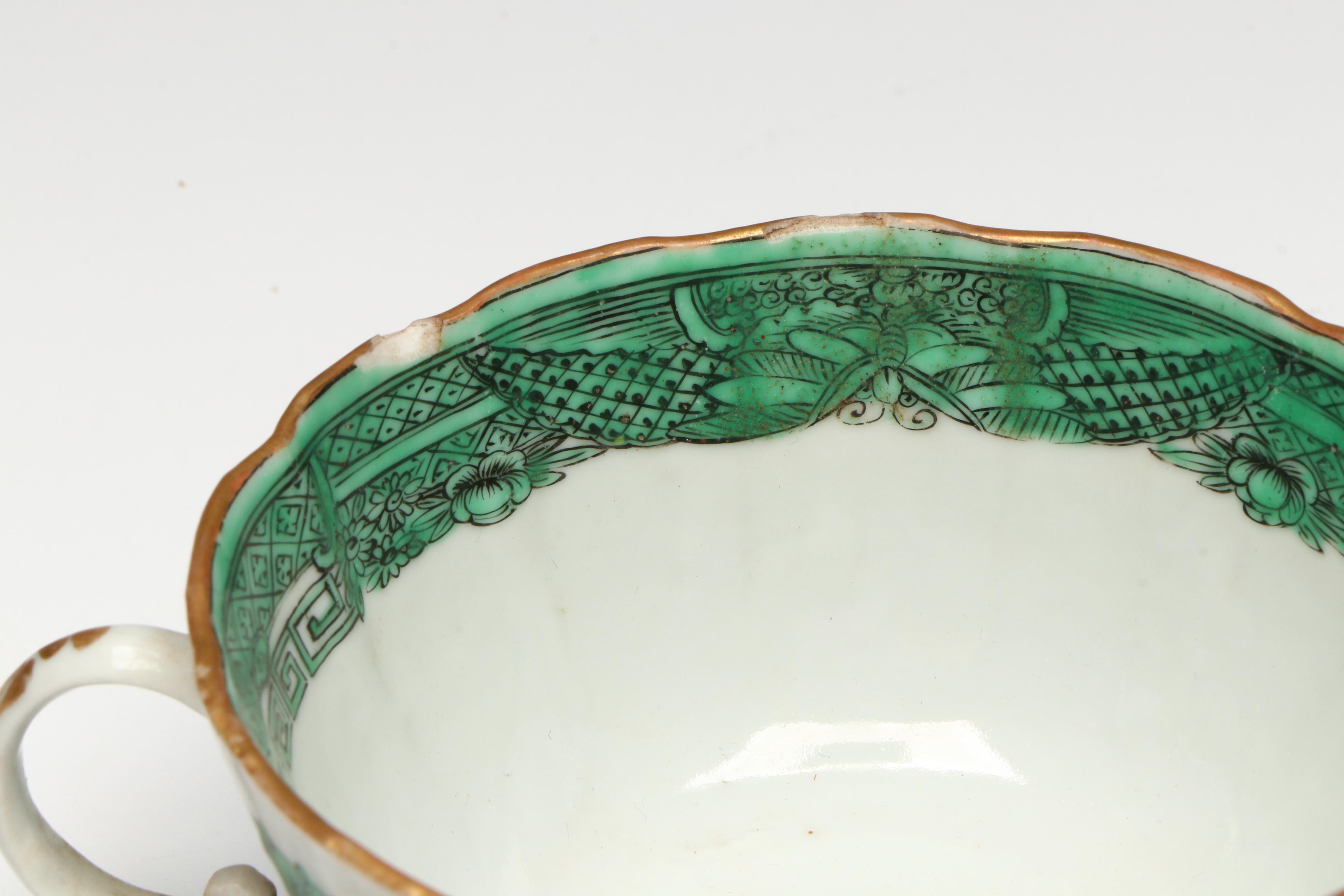 Antique Chinese Export Fitzhugh Green Cream Pitcher with Cups and Saucers