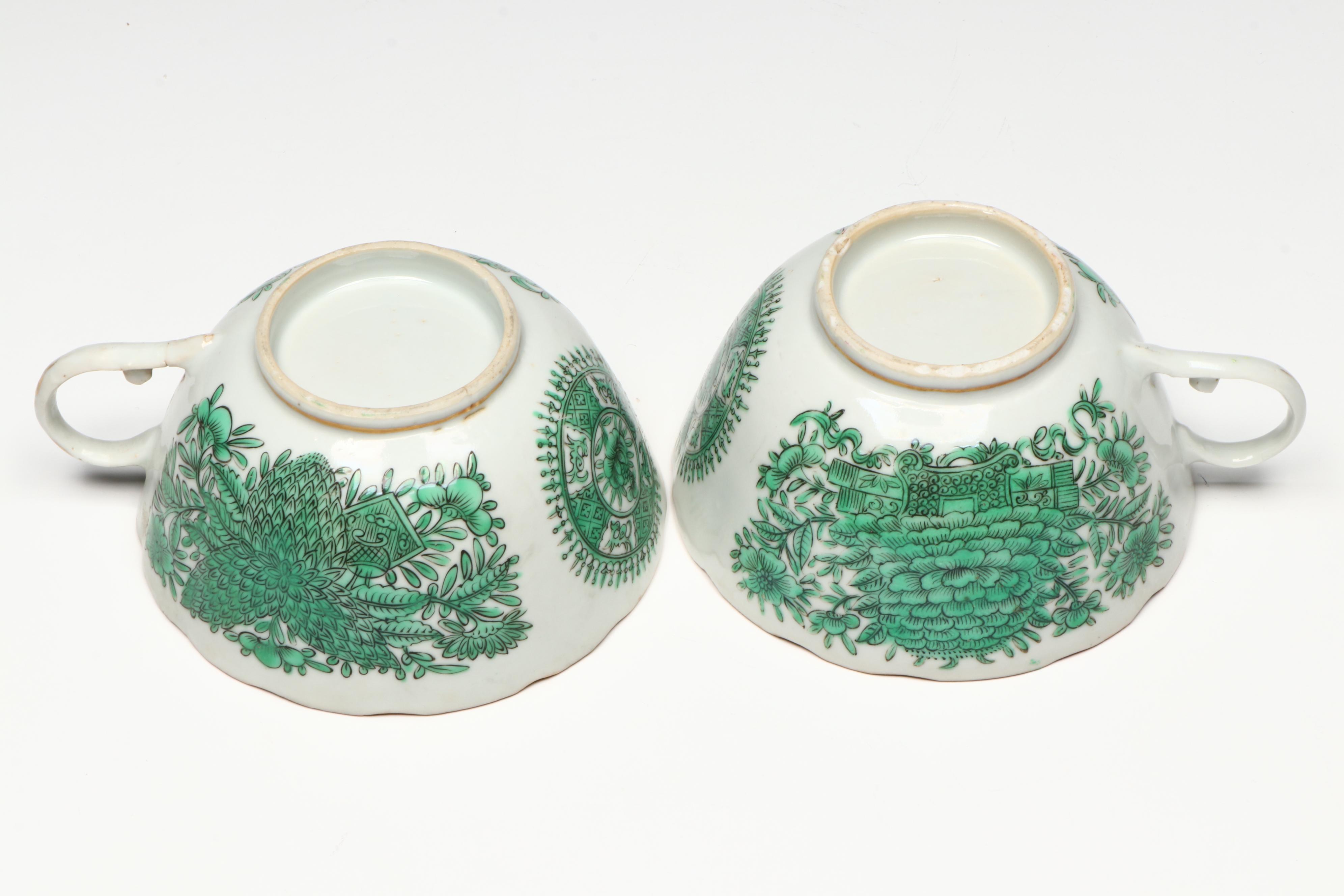 Antique Chinese Export Fitzhugh Green Cream Pitcher with Cups and Saucers