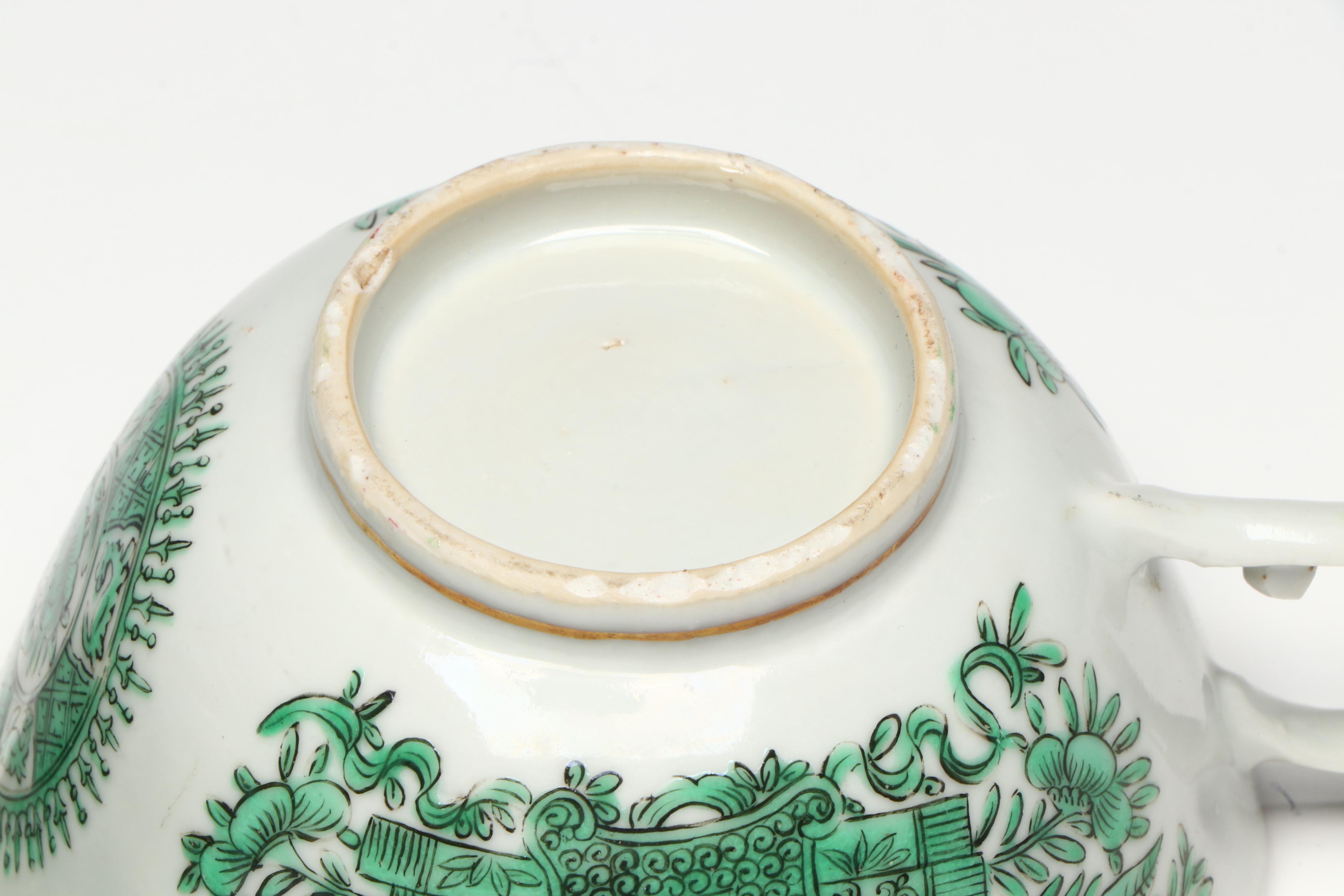 Antique Chinese Export Fitzhugh Green Cream Pitcher with Cups and Saucers