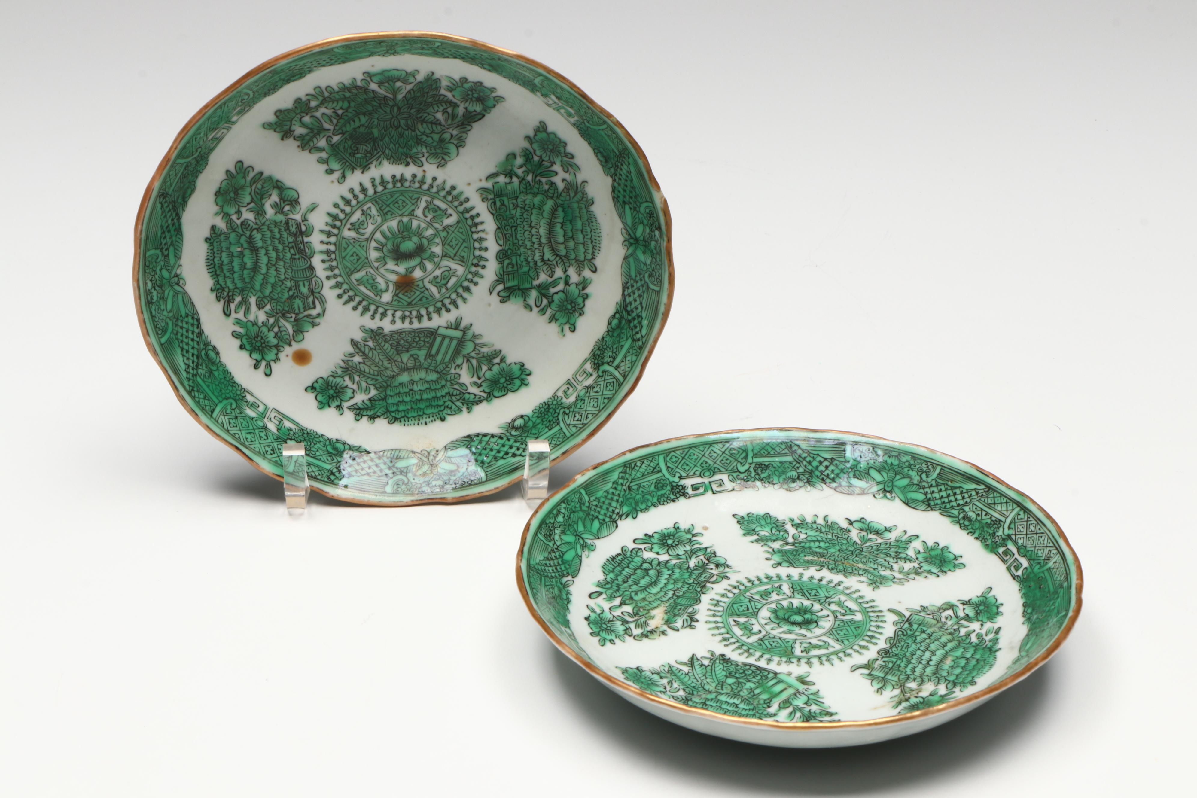 Antique Chinese Export Fitzhugh Green Cream Pitcher with Cups and Saucers