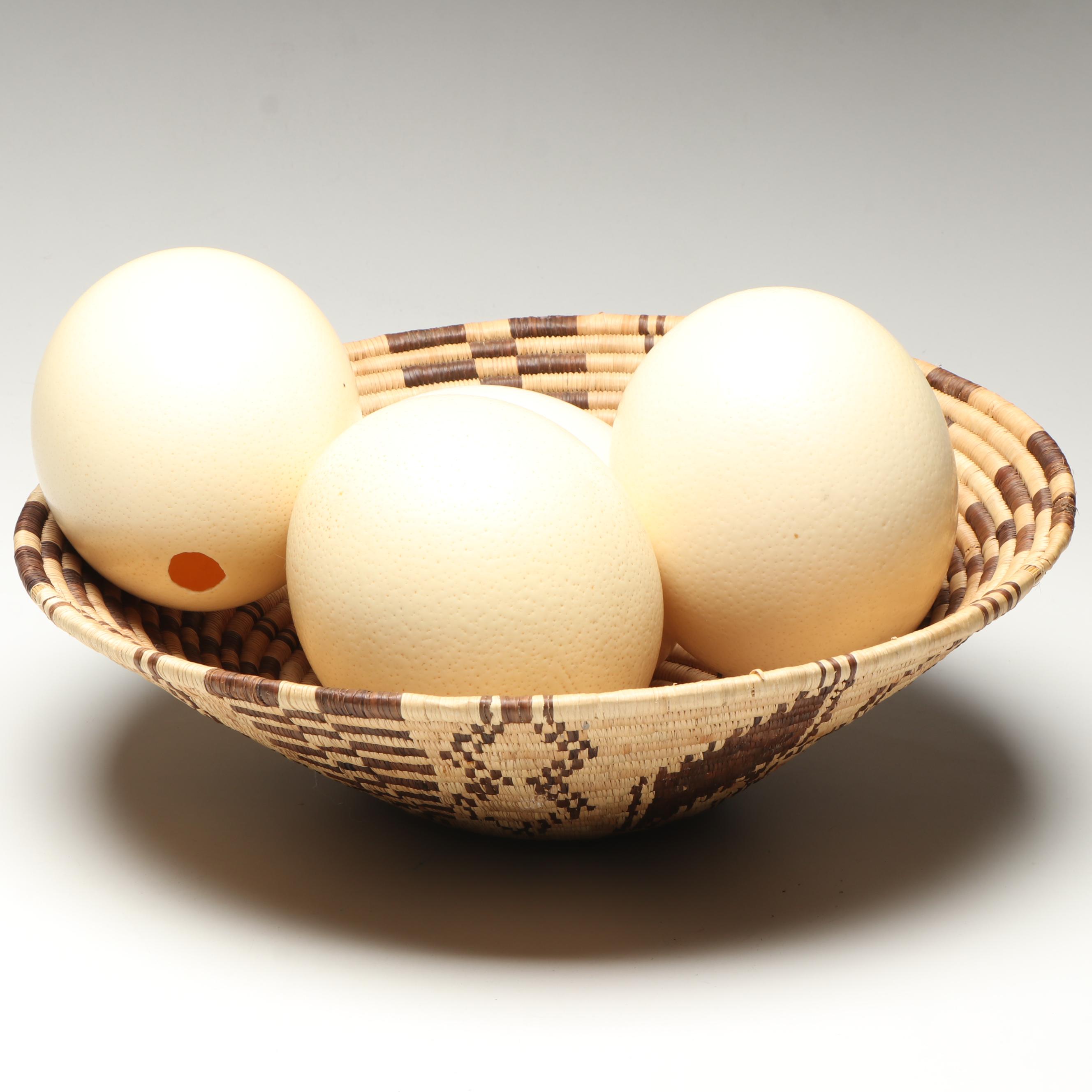 African Coiled Basketry Bowl with Ostrich Eggs