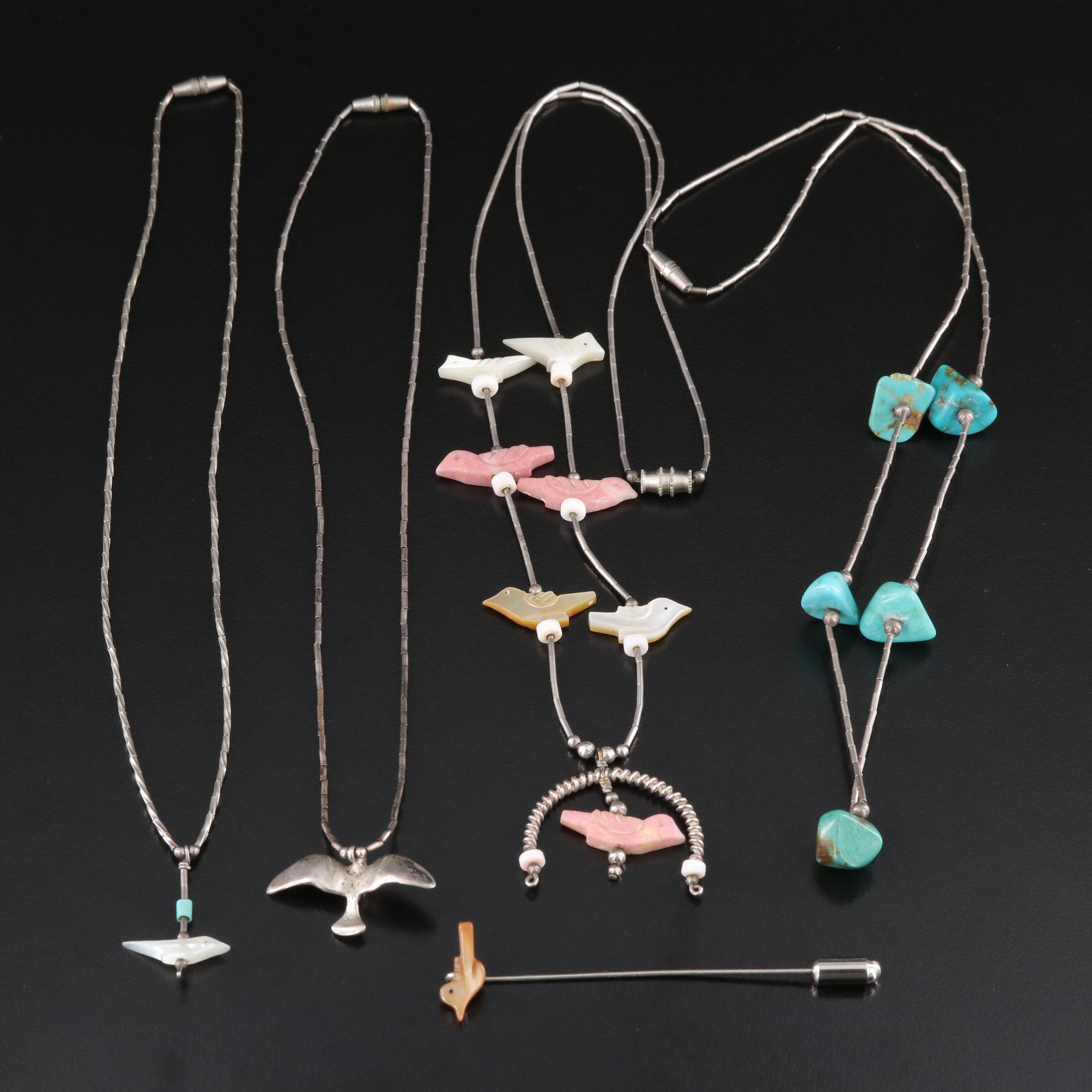 Sterling Fetish Necklaces and Pin Including Turquoise, Shell and Mother-of-Pearl