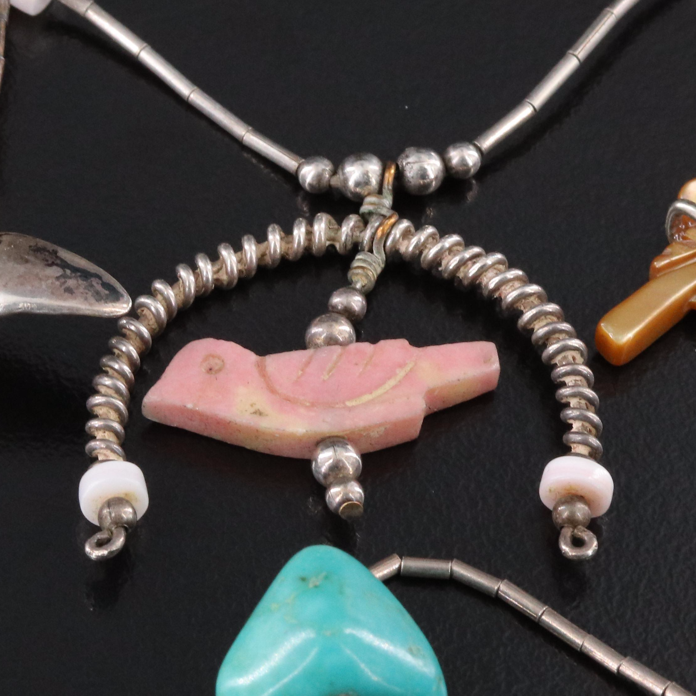 Sterling Fetish Necklaces and Pin Including Turquoise, Shell and Mother-of-Pearl