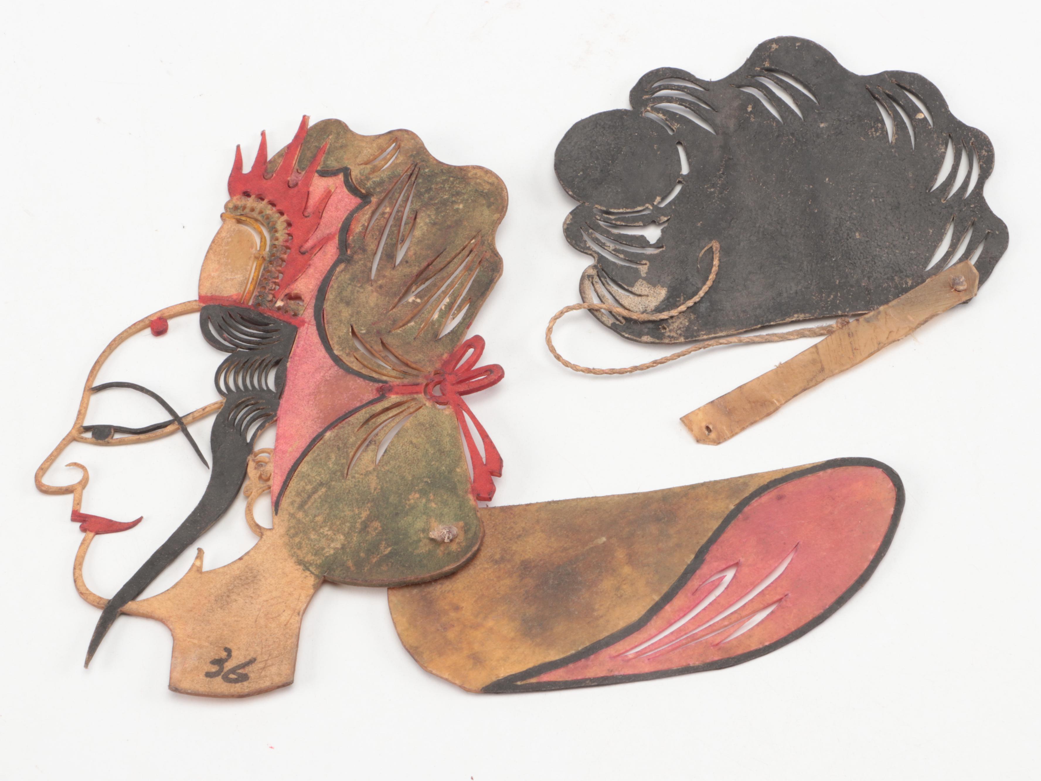 Chinese Deity Head and Hair Painted Vellum Shadow Puppet Accessories