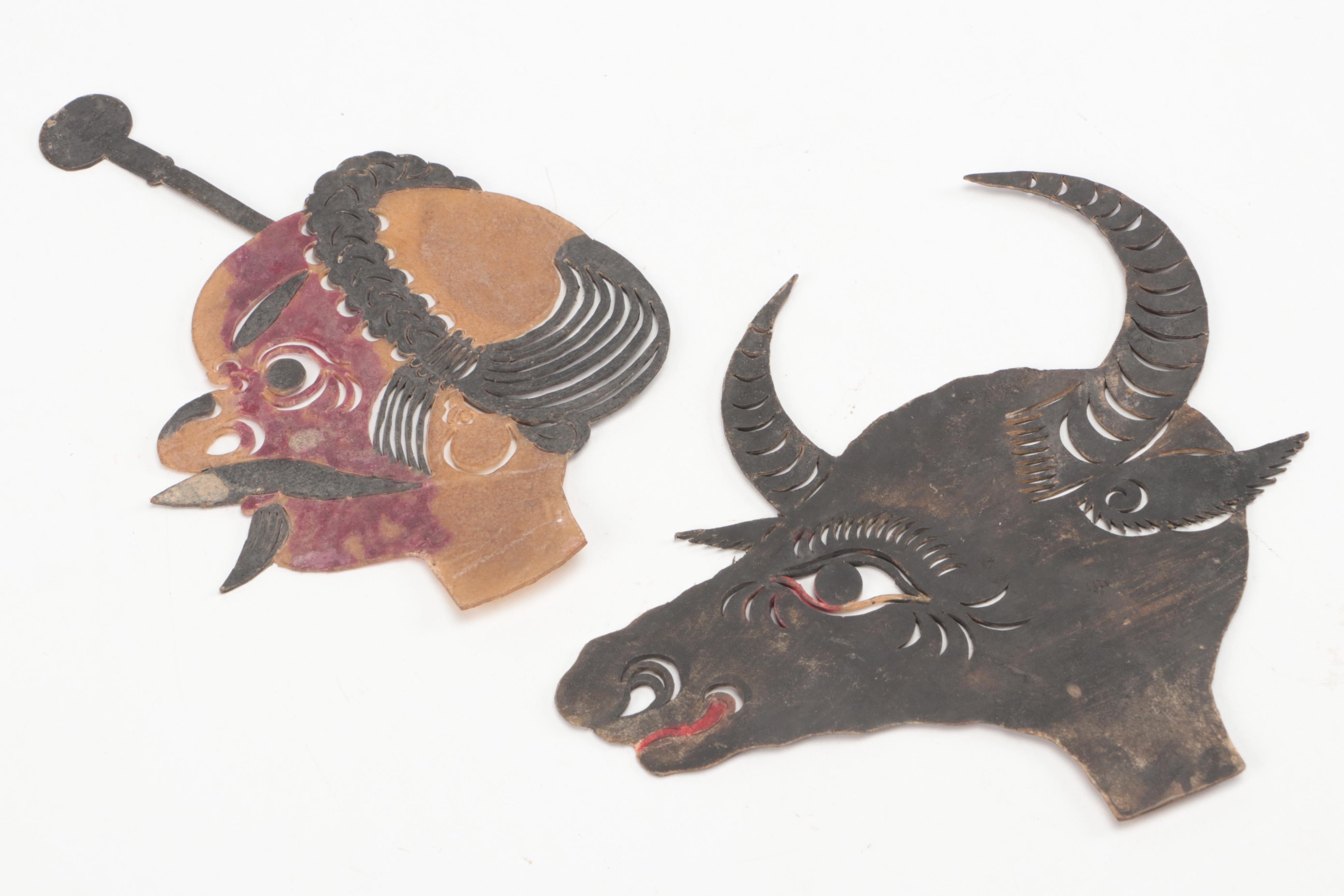 Chinese Bull and Wounded Man Painted Vellum Shadow Puppet Heads, Circa 1870