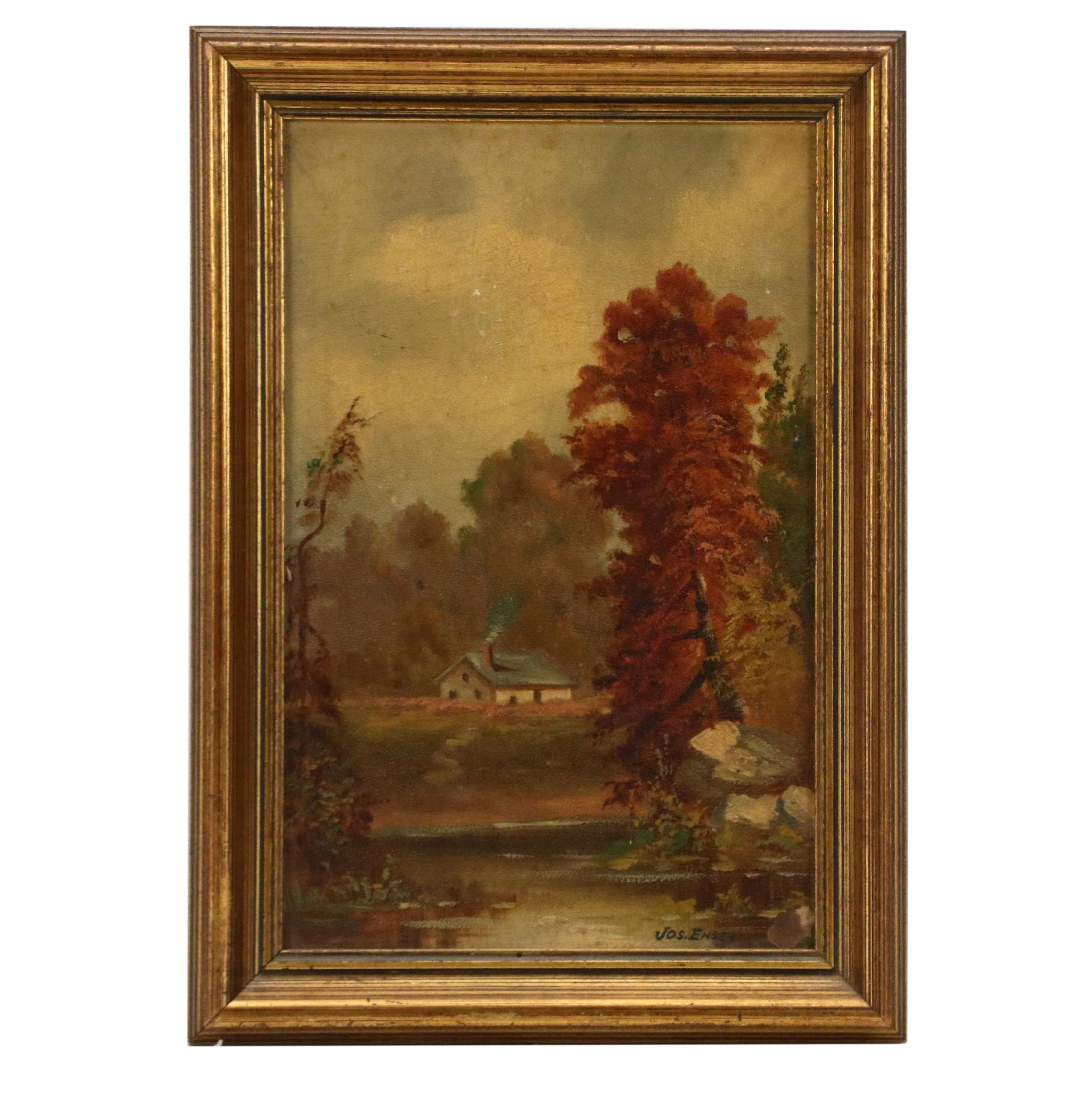 Joseph Engle Rural Landscape Oil Painting with River, Circa Late 19th Century