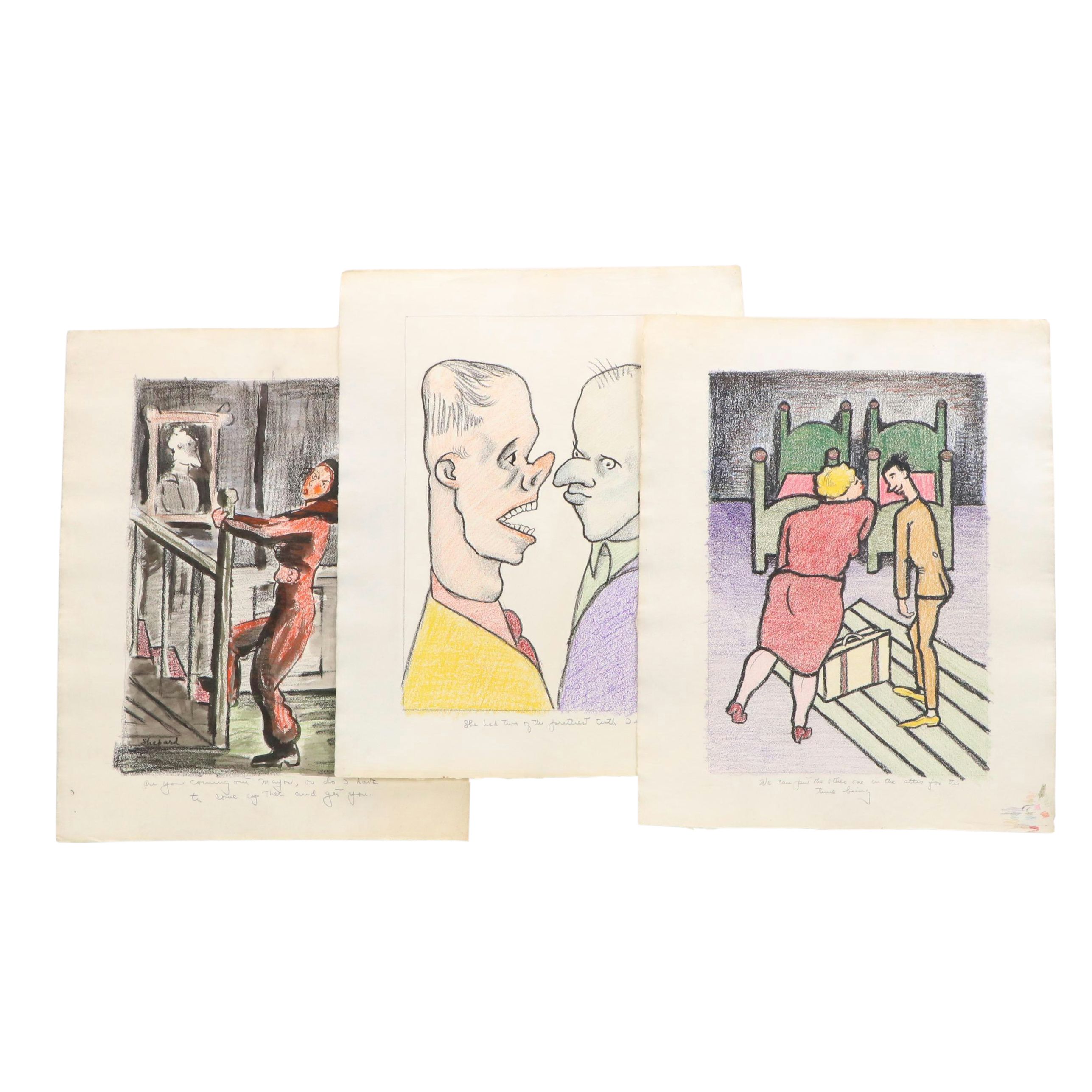 Three Drawings of Humorous Narrative Scenes With Caricatures, 20th Century