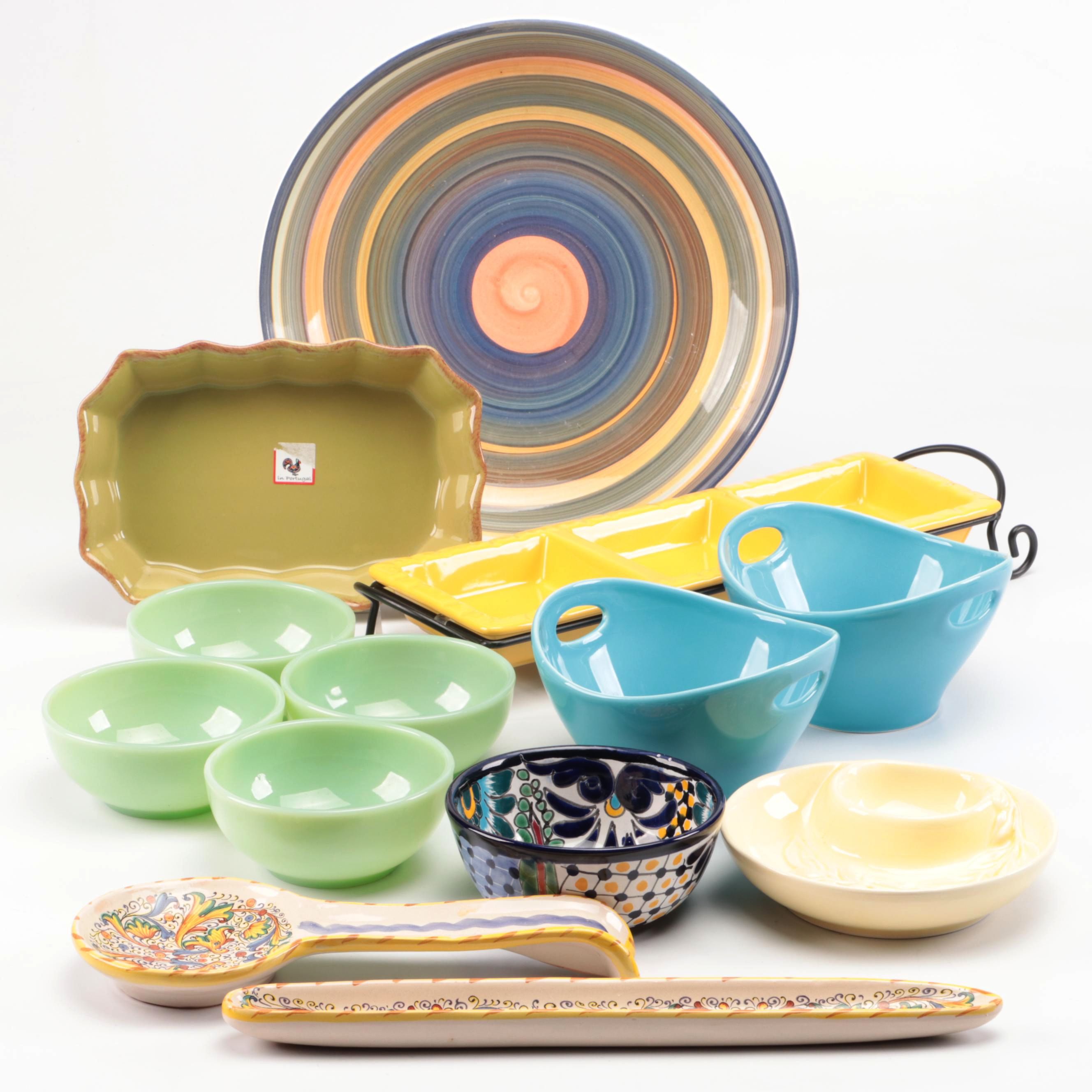 Italian Majolica Trays and Spoon Rest with Other Ceramic and Glass Serveware