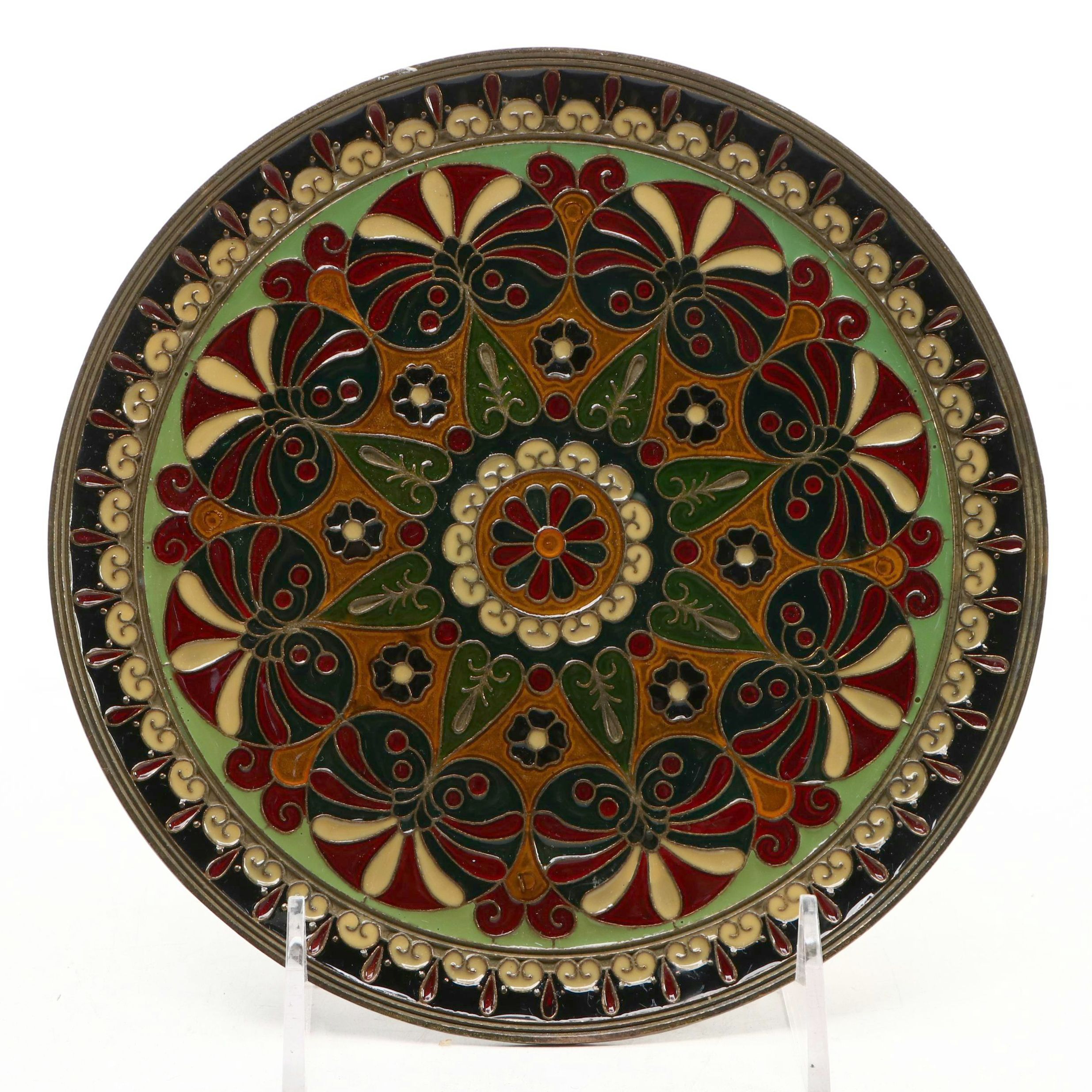 Moroccan Champlevé Enameled Bronze Plate, Mid-20th Century