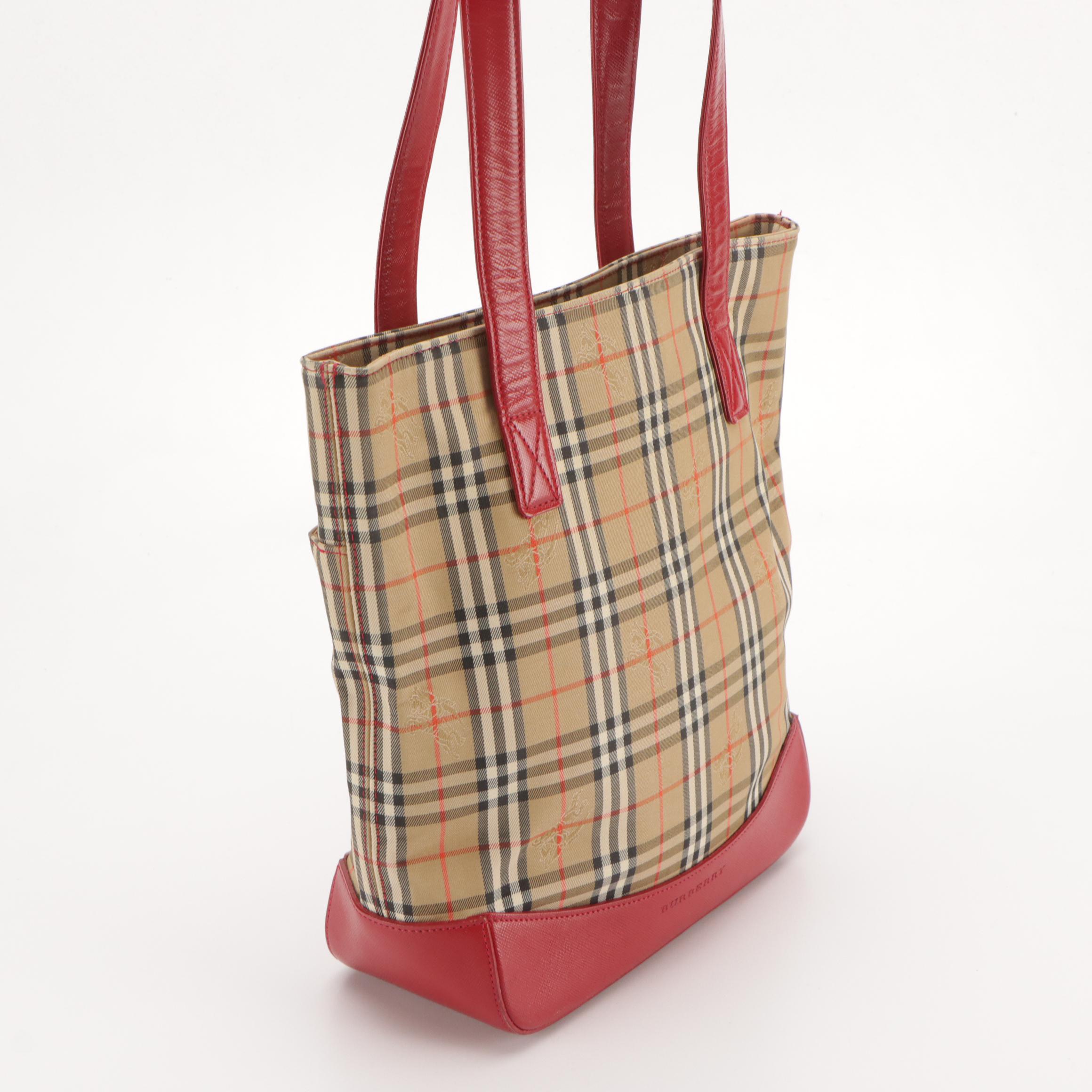 Burberry Shoulder Bag in Haymarket Check Canvas and Red Saffiano Leather Trim