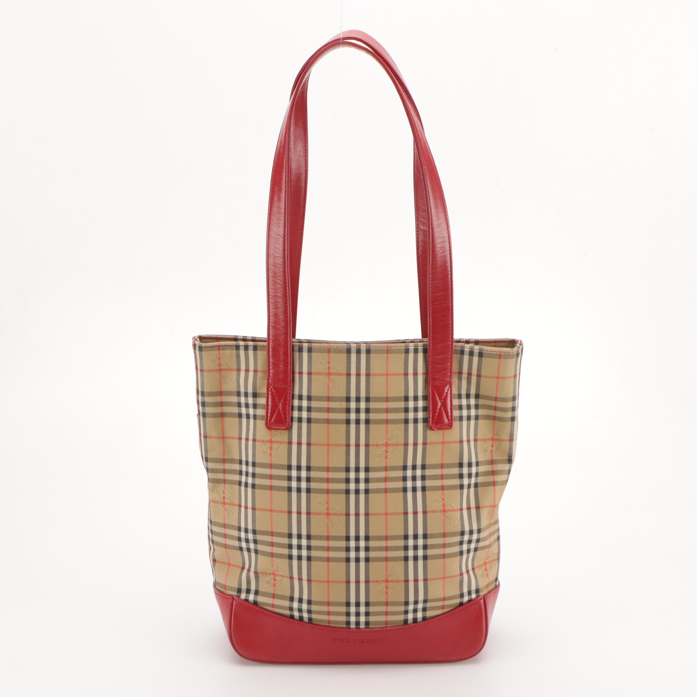 Burberry Shoulder Bag in Haymarket Check Canvas and Red Saffiano Leather Trim