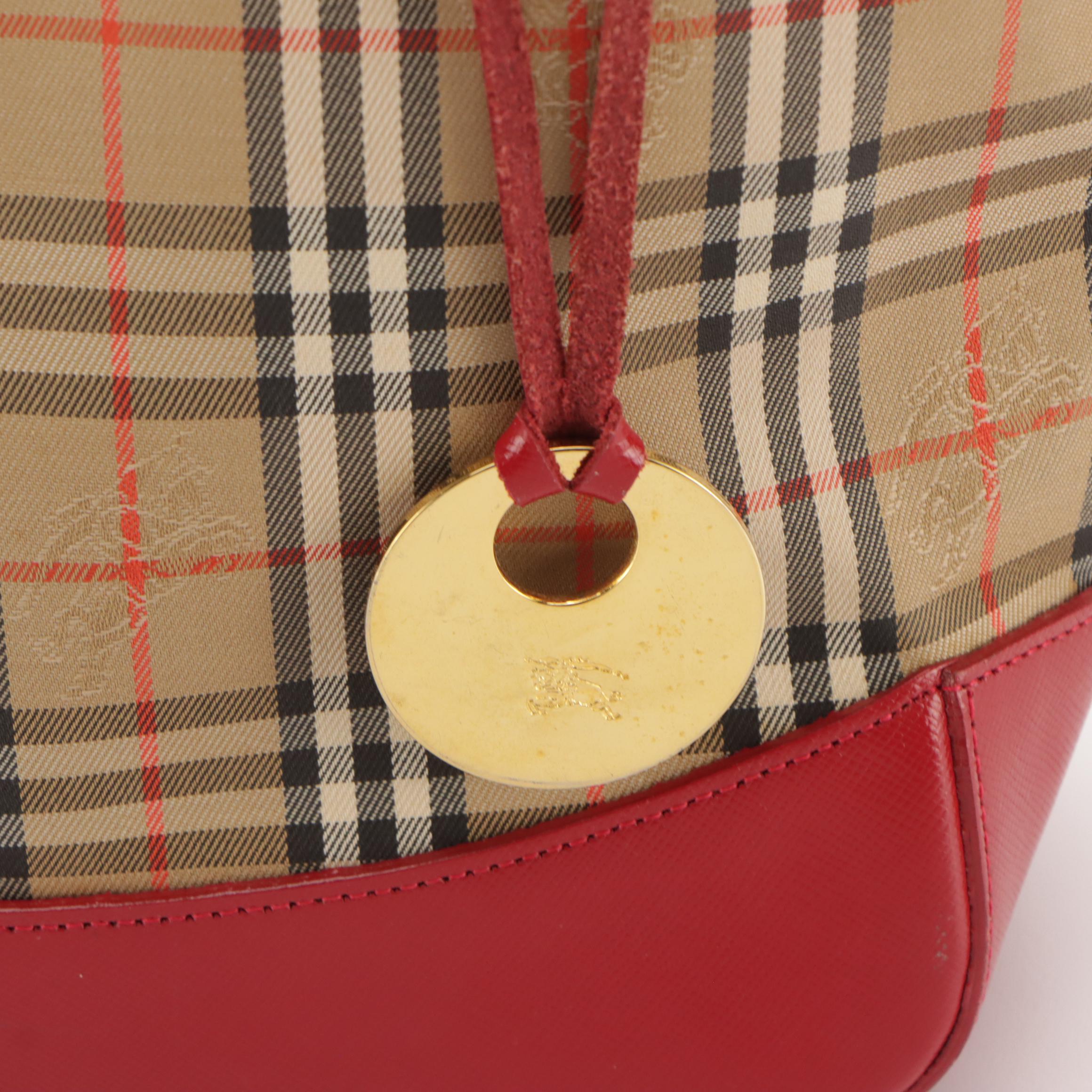 Burberry Shoulder Bag in Haymarket Check Canvas and Red Saffiano Leather Trim