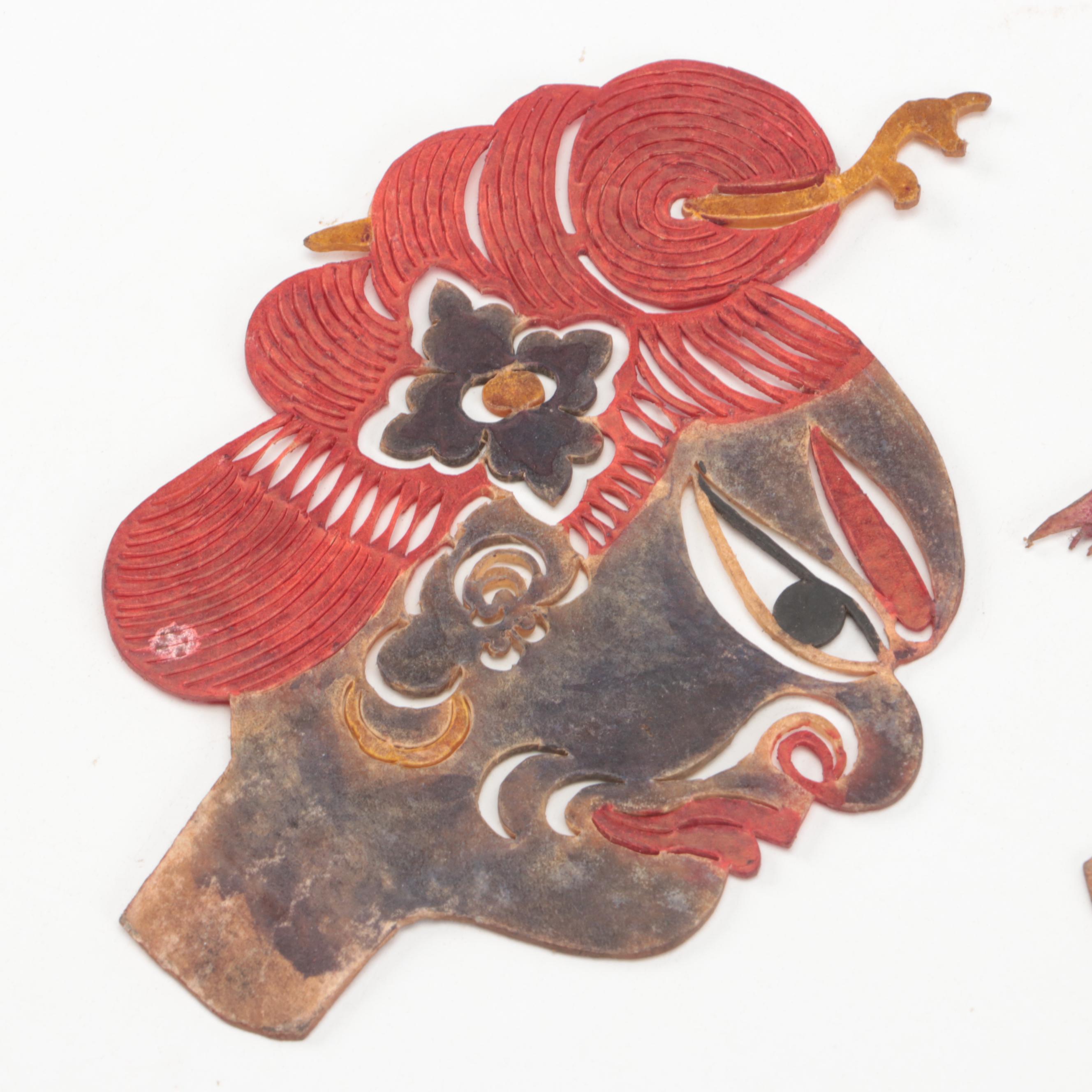 Chinese Elderly Lady and Grotesque Figure Painted Vellum Shadow Puppet Heads