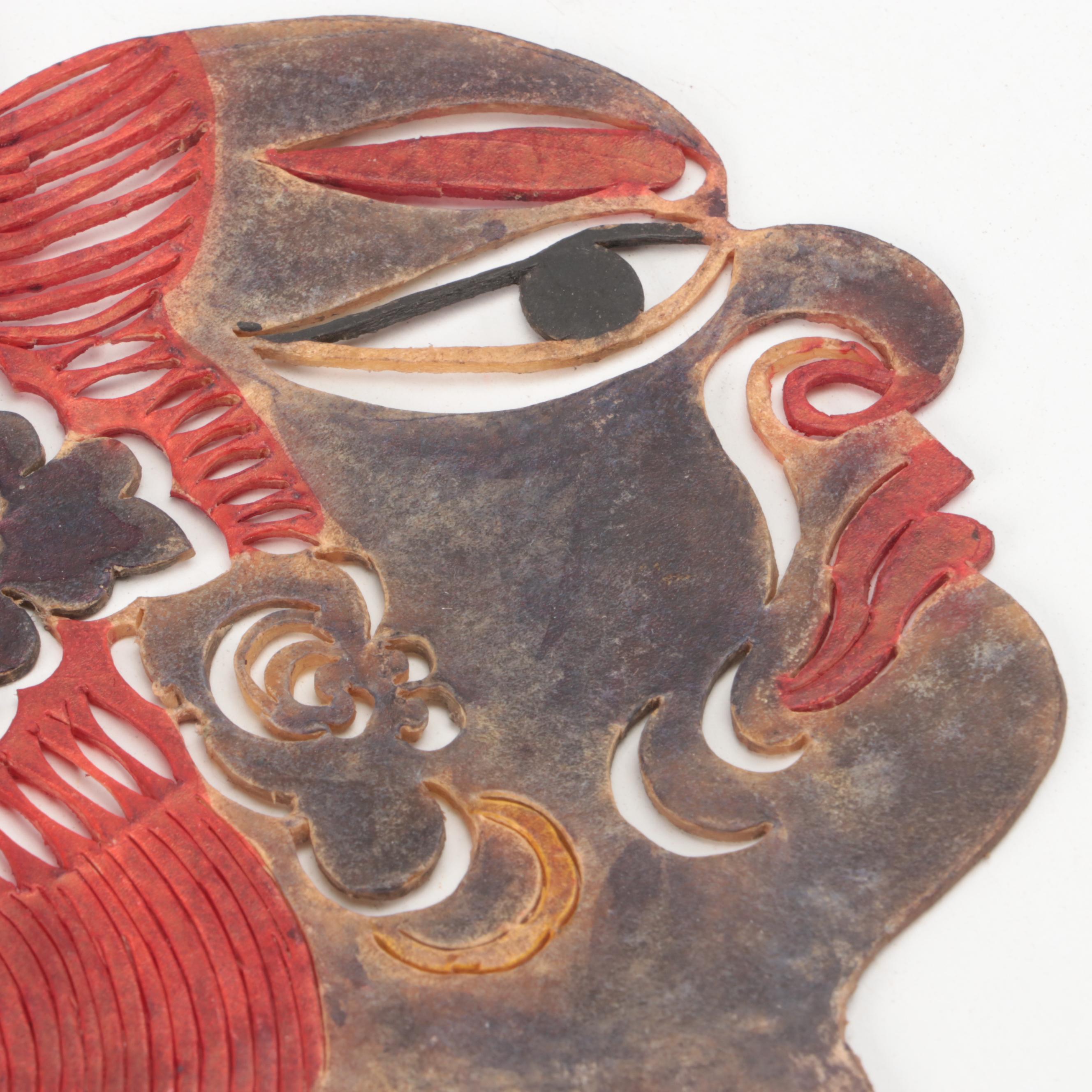 Chinese Elderly Lady and Grotesque Figure Painted Vellum Shadow Puppet Heads