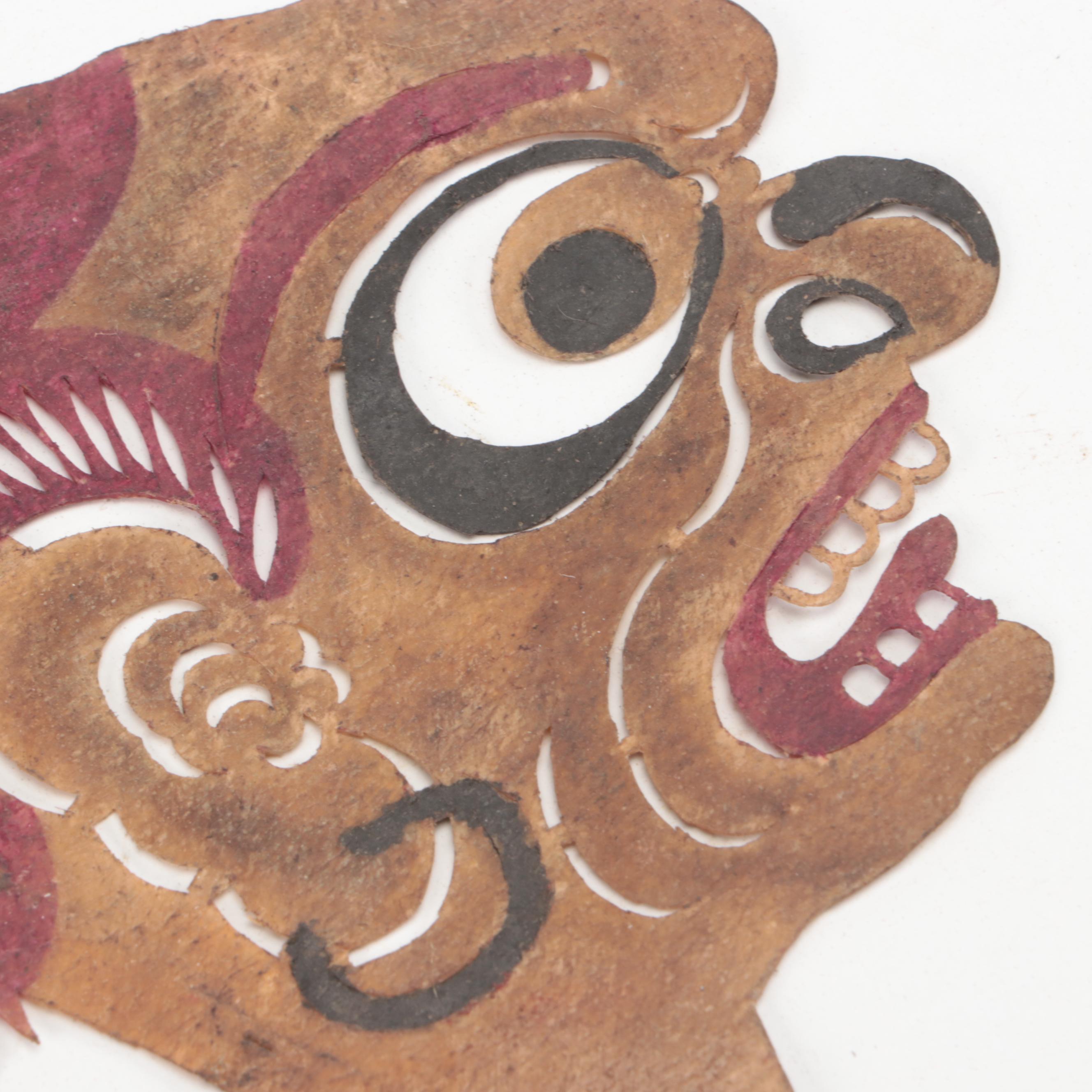 Chinese Elderly Lady and Grotesque Figure Painted Vellum Shadow Puppet Heads