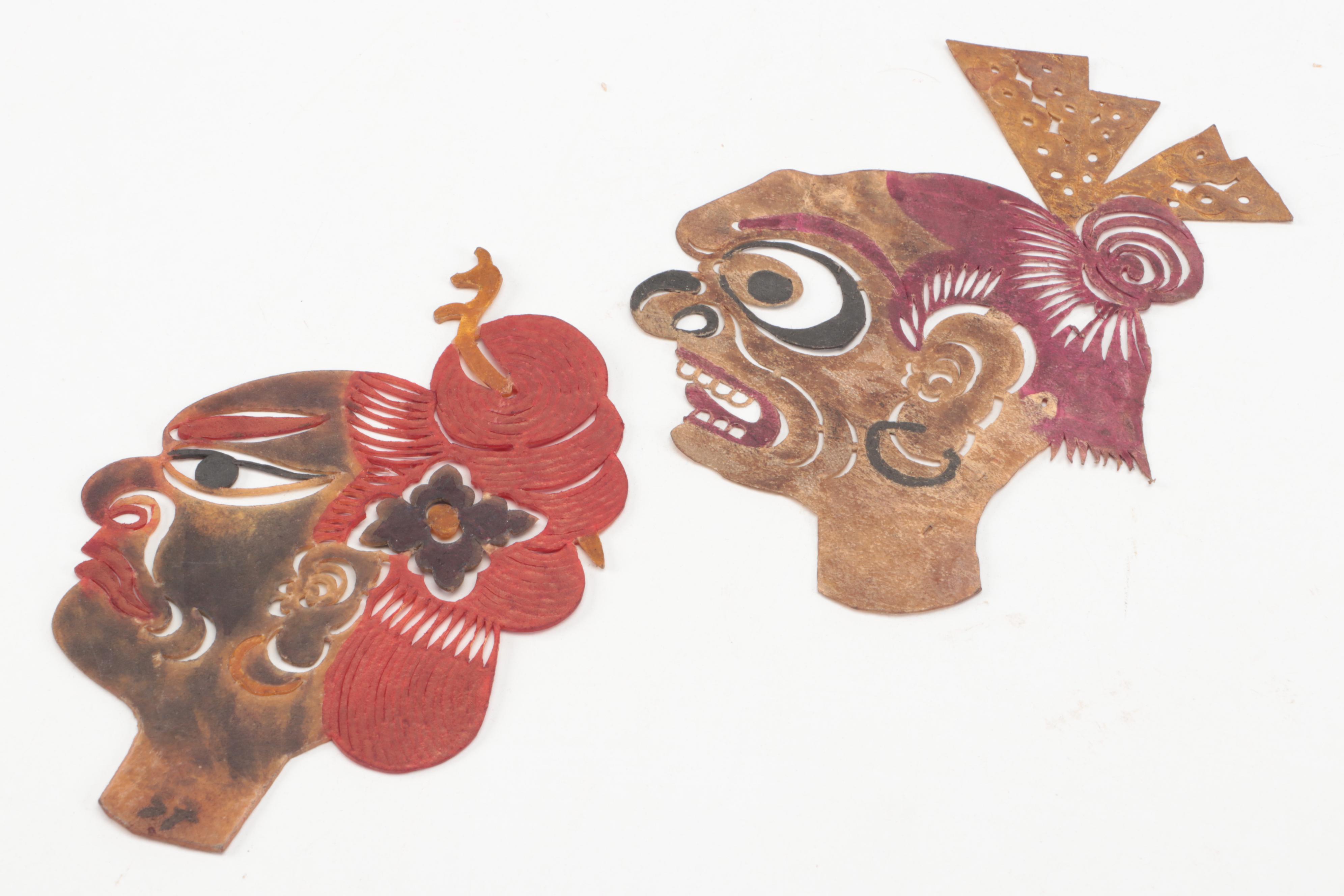 Chinese Elderly Lady and Grotesque Figure Painted Vellum Shadow Puppet Heads