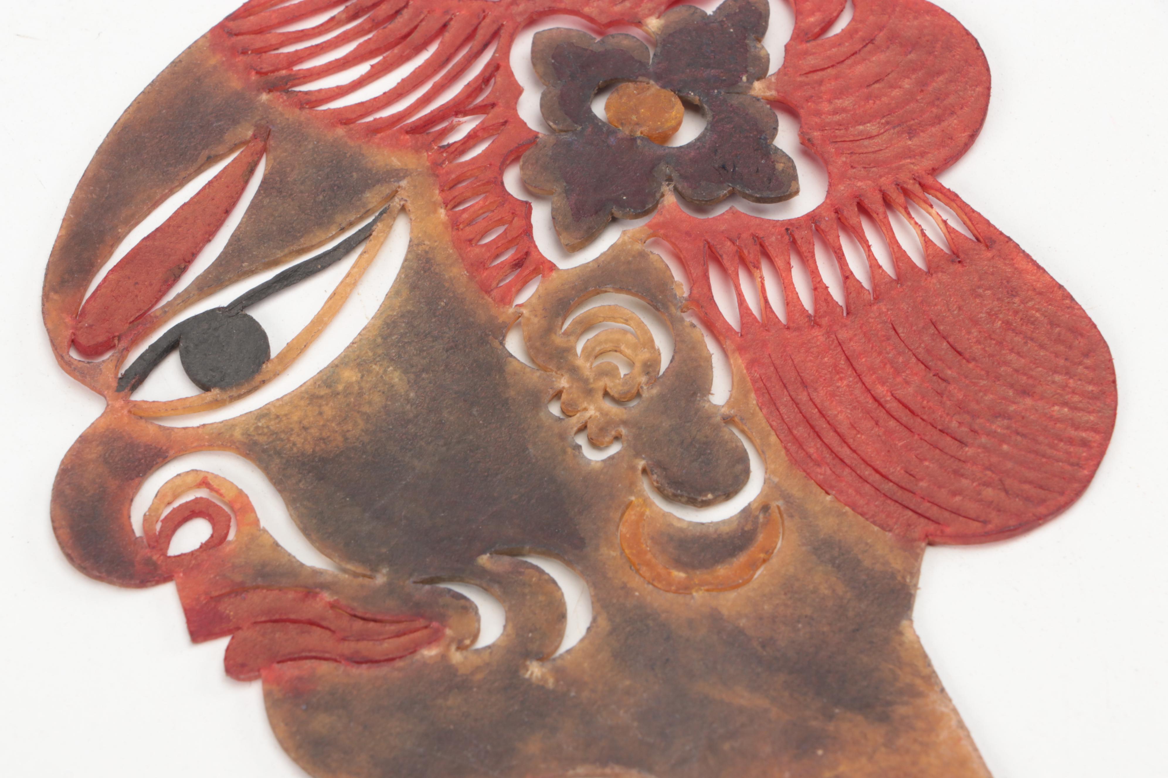 Chinese Elderly Lady and Grotesque Figure Painted Vellum Shadow Puppet Heads